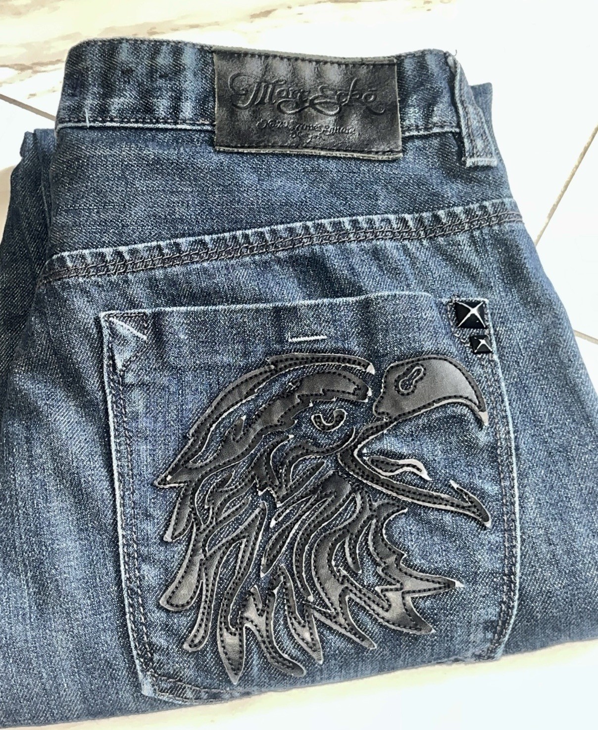 Marc Ecko Cut & Sew Jeans Mens 32 Straight Eagle Skull Biker Dark Wash Denim Y2K