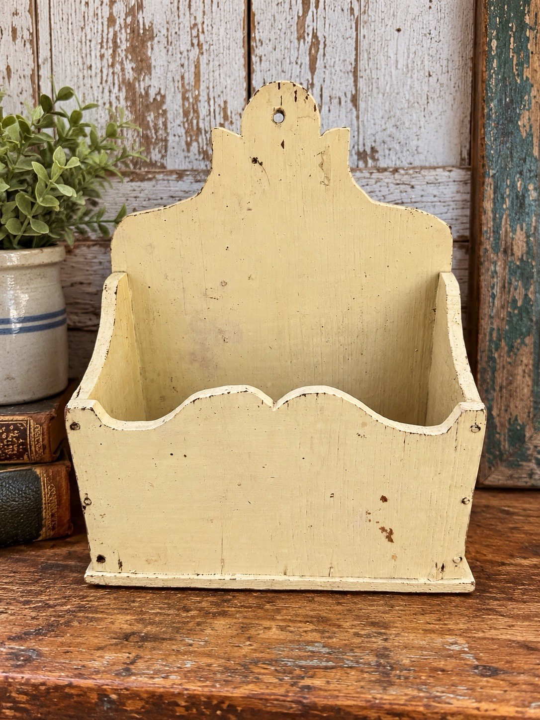 Vintage  Wooden Hanging Wall Box Primitive Farm House Decor Yellow Paint