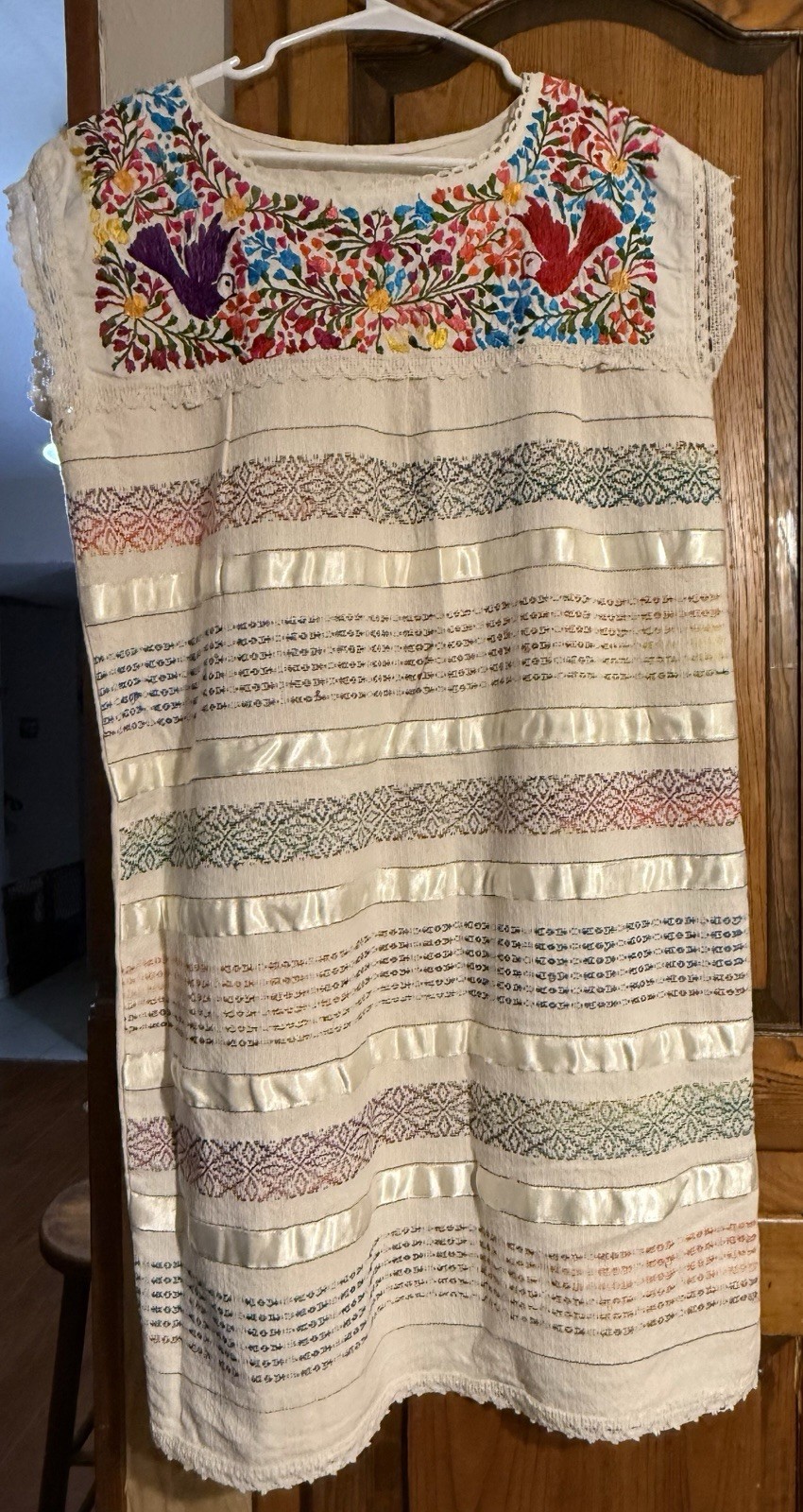 Vintage Mexican Embroidered Huipil Tunic Dress Floral Birds Folk Art Boho