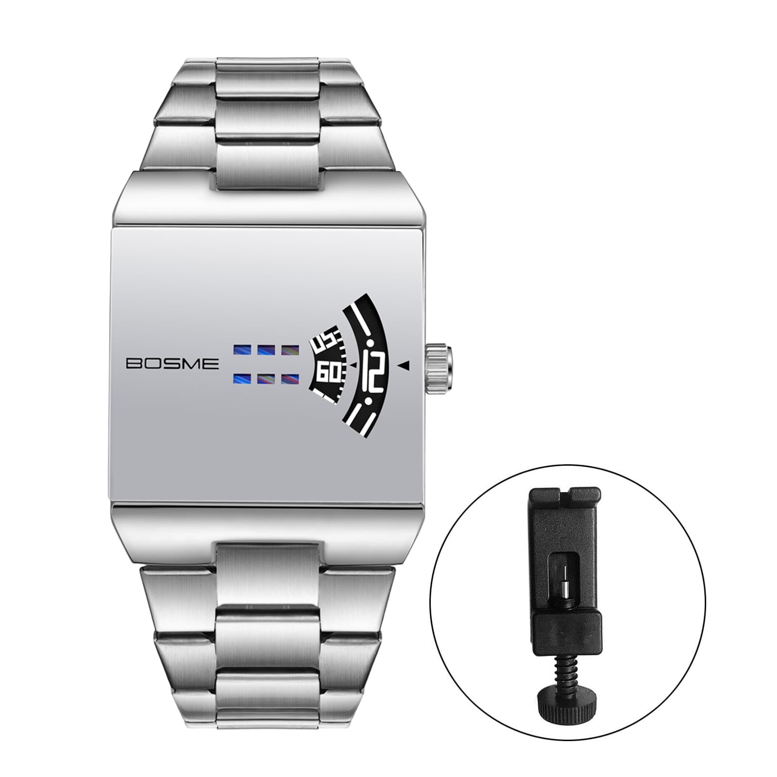 Men\'s Steampunk Stainless Steel Square Wrist Watch No-Hand Jumping Hour Display