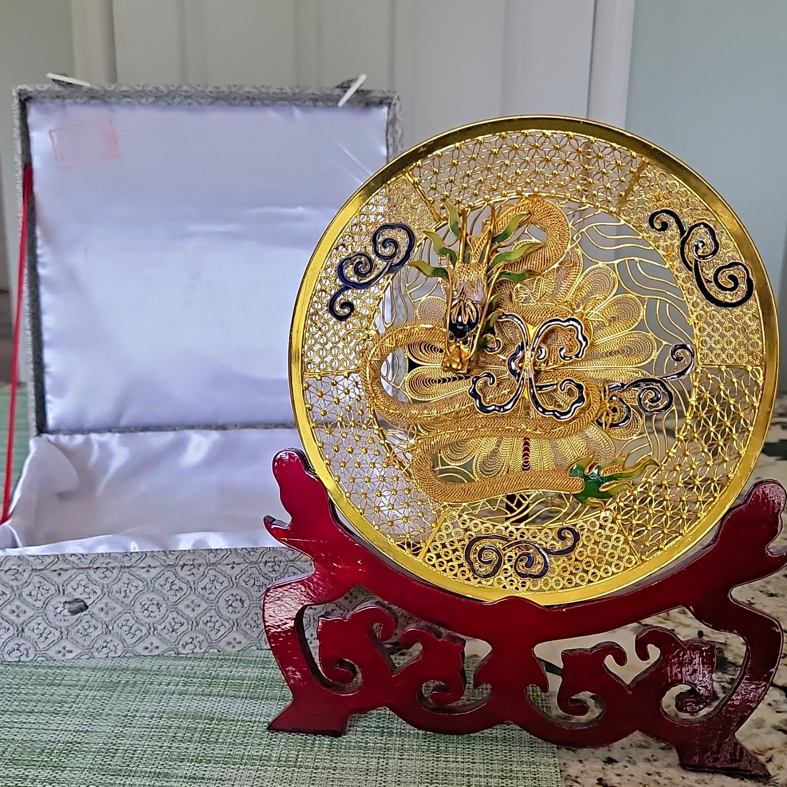 Complete Vintage Chinese Gold Gilt Filigree 3D Dragon Plate Enamel Cloison Complete Vintage Chinese Gold Gilt Filigree 3D Dragon Plate Enamel Cloison