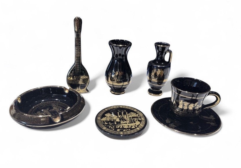 Vintage Greek Black & 24K Gold Ceramic Souvenir Lot - 7 Pcs As-Is