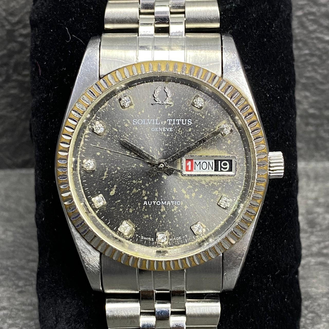 Rare SOLVIL ET TITUS Geneve Automatic Gray Dial Aging Day Date Watch men Vintage