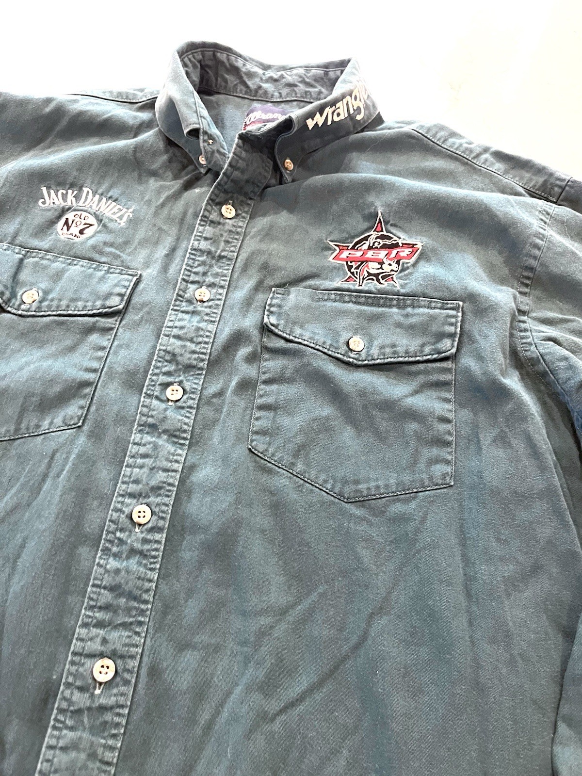 Vintage Wrangler PBR Bull Riding Shirt Dark Green Cotton Canvas XL Button Down Vintage Wrangler PBR Bull Riding Shirt Dark Green Cotton Canvas XL Button Down