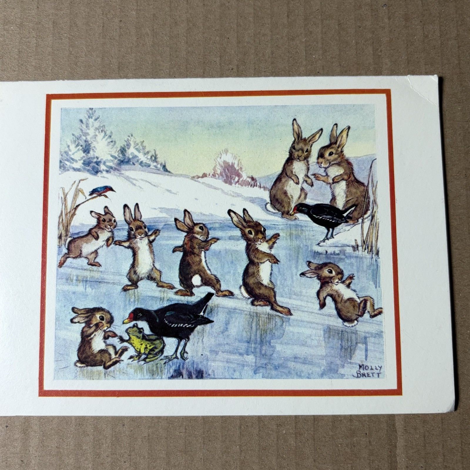 Vintage Molly Brett Christmas Card Ice Skating Rabbits Frogs Woodland Creatures 