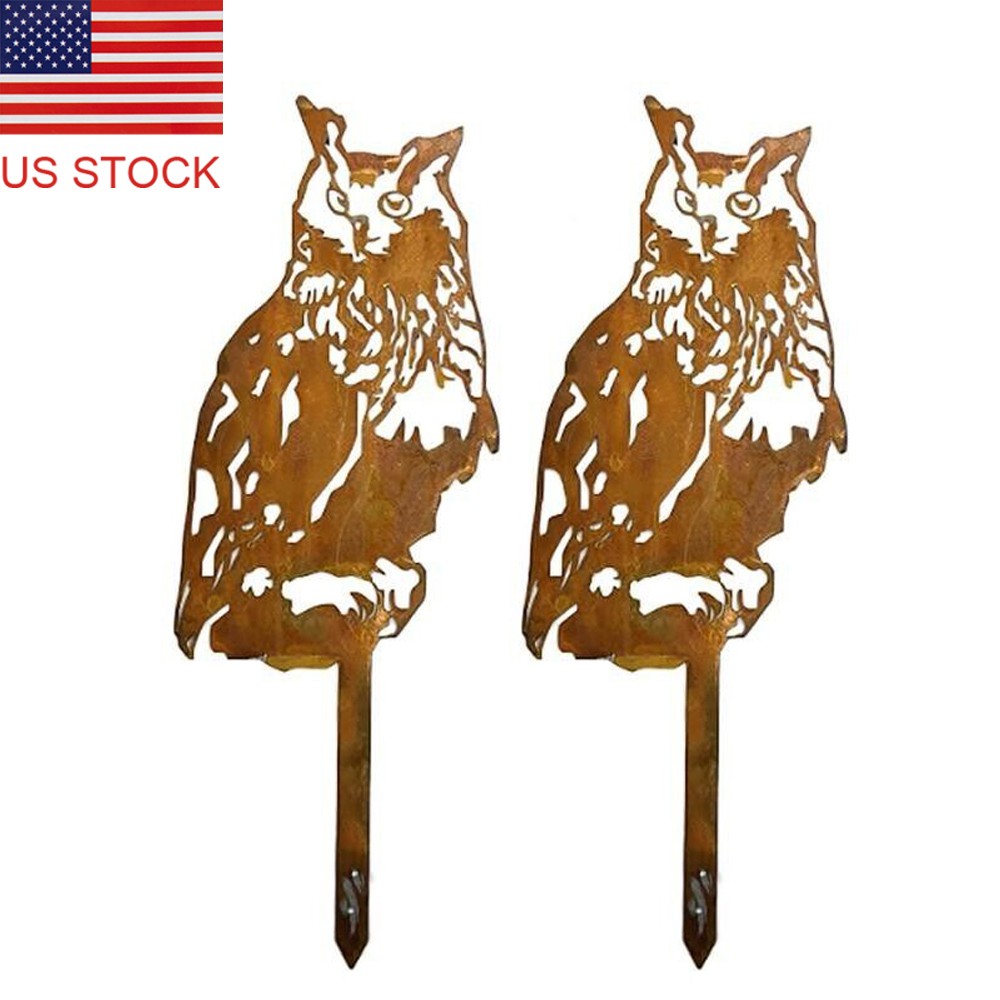 2PCS Owl Shape Garden Decor Corten Steel Animal Metal Ornament Outdoor Lawn Yard