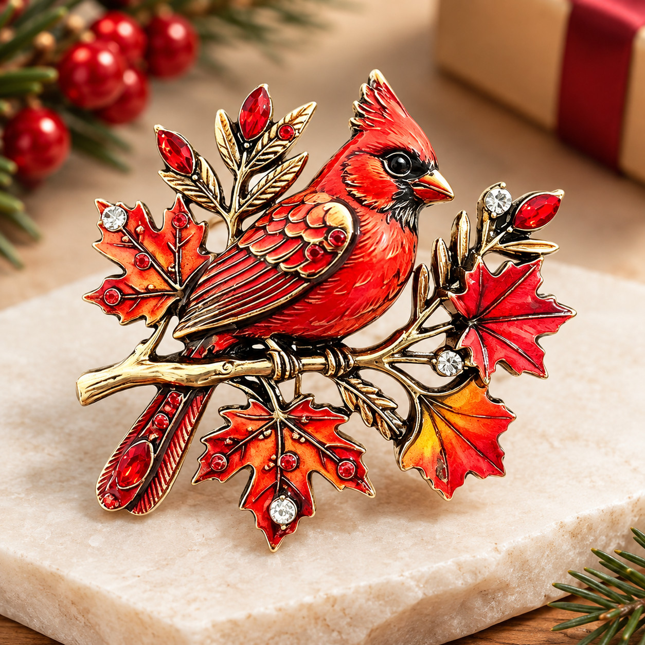 Vintage Red Cardinal Bird Brooch Pin Rhinestone Christmas Holiday Jewelry Gift