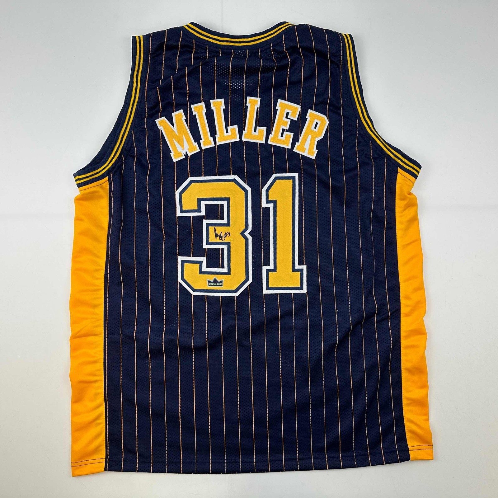 Facsimile Autographed Reggie Miller Indiana Blue Pinstripe Jersey XL Facsimile Autographed Reggie Miller Indiana Blue Pinstripe Jersey XL