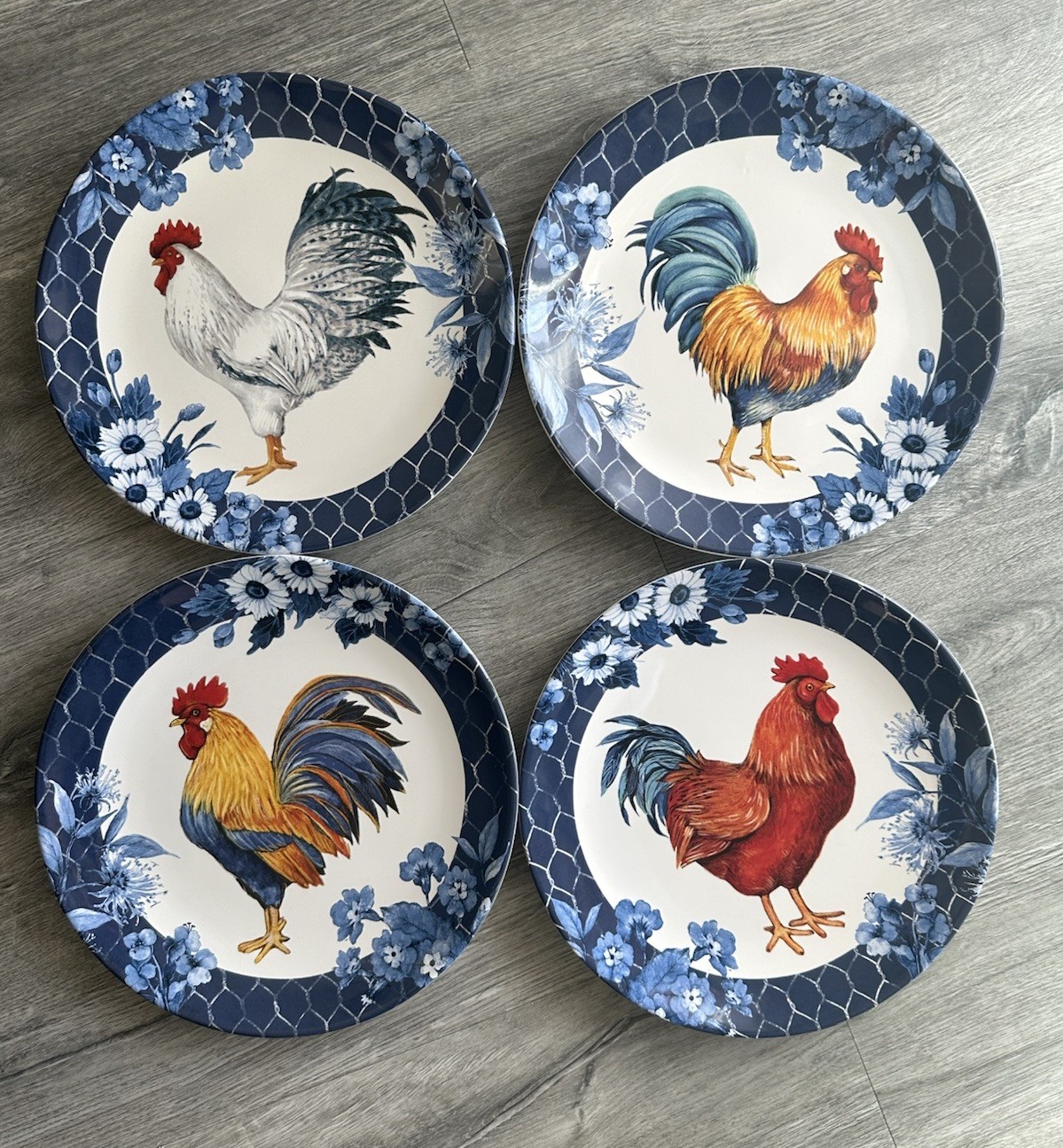 Certified International Susan Winget Indigo Rooster 11” Dinner Plates Set of 4