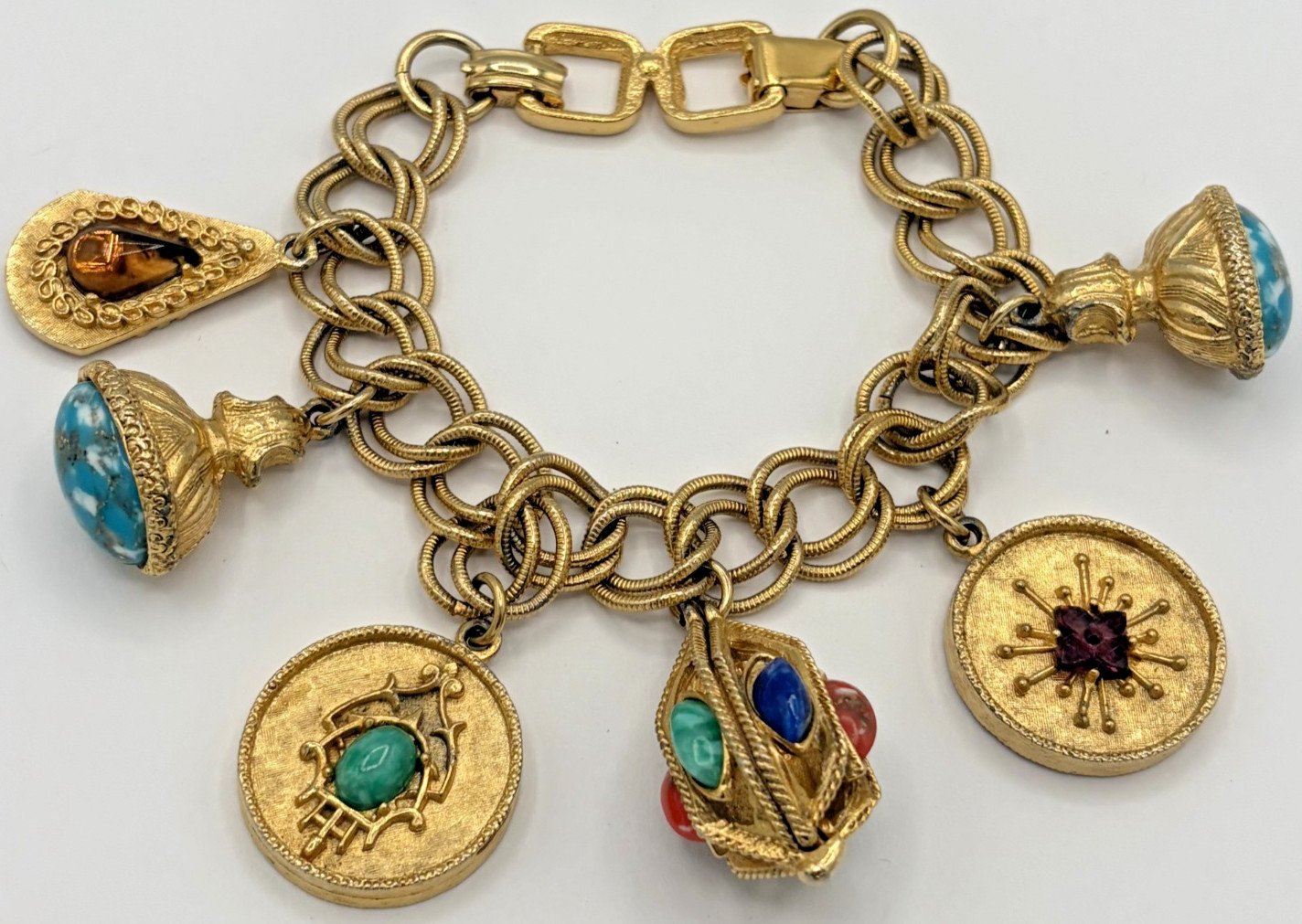 Vintage Etruscan Revival Costume Charm Bracelet Gold Tone Faux Turquoise Vintage Etruscan Revival Costume Charm Bracelet Gold Tone Faux Turquoise