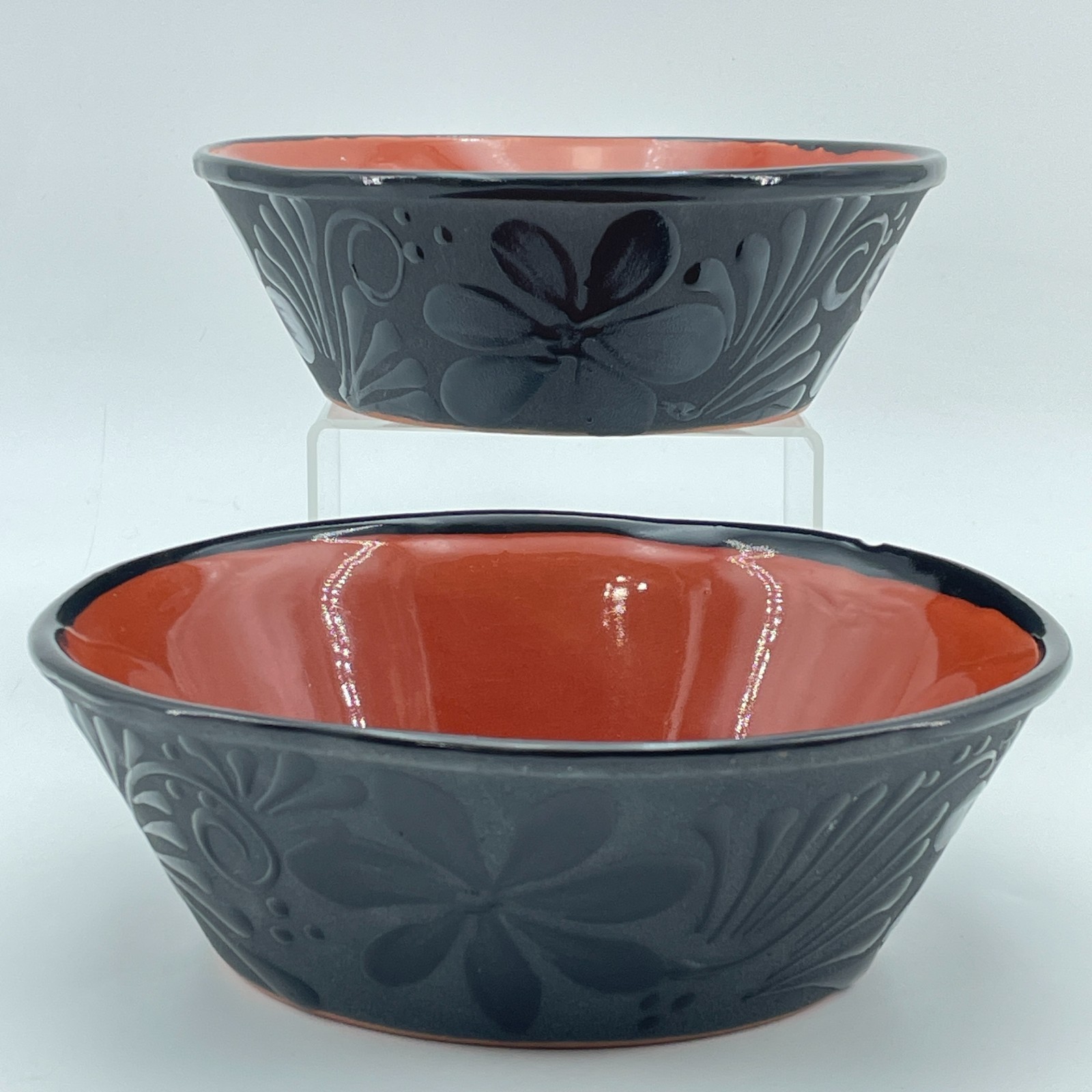 Mexican Clay Bowls Set 2 Black Terracotta Floral Handmade Pottery Mexico NEW 7in