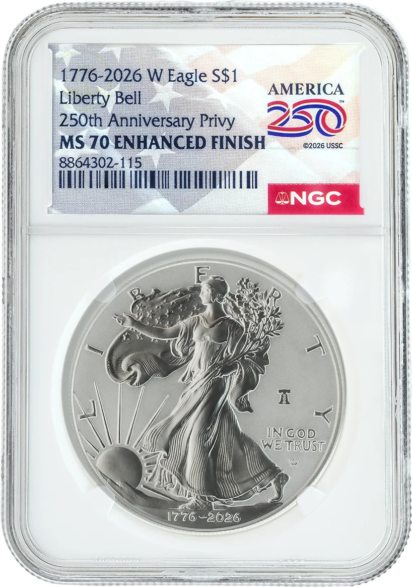 1776-2026 W $1 Enhanced Unc Silver Eagle 250th Liberty Bell Privy NGC MS70 1776-2026 W $1 Enhanced Unc Silver Eagle 250th Liberty Bell Privy NGC MS70