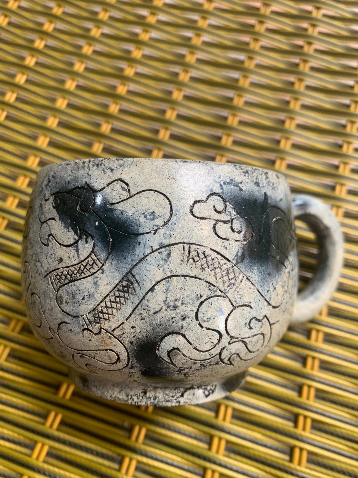Unique Chinese Old HeTian Jade Hand Carved *Dragon/Phoenix* Cup
