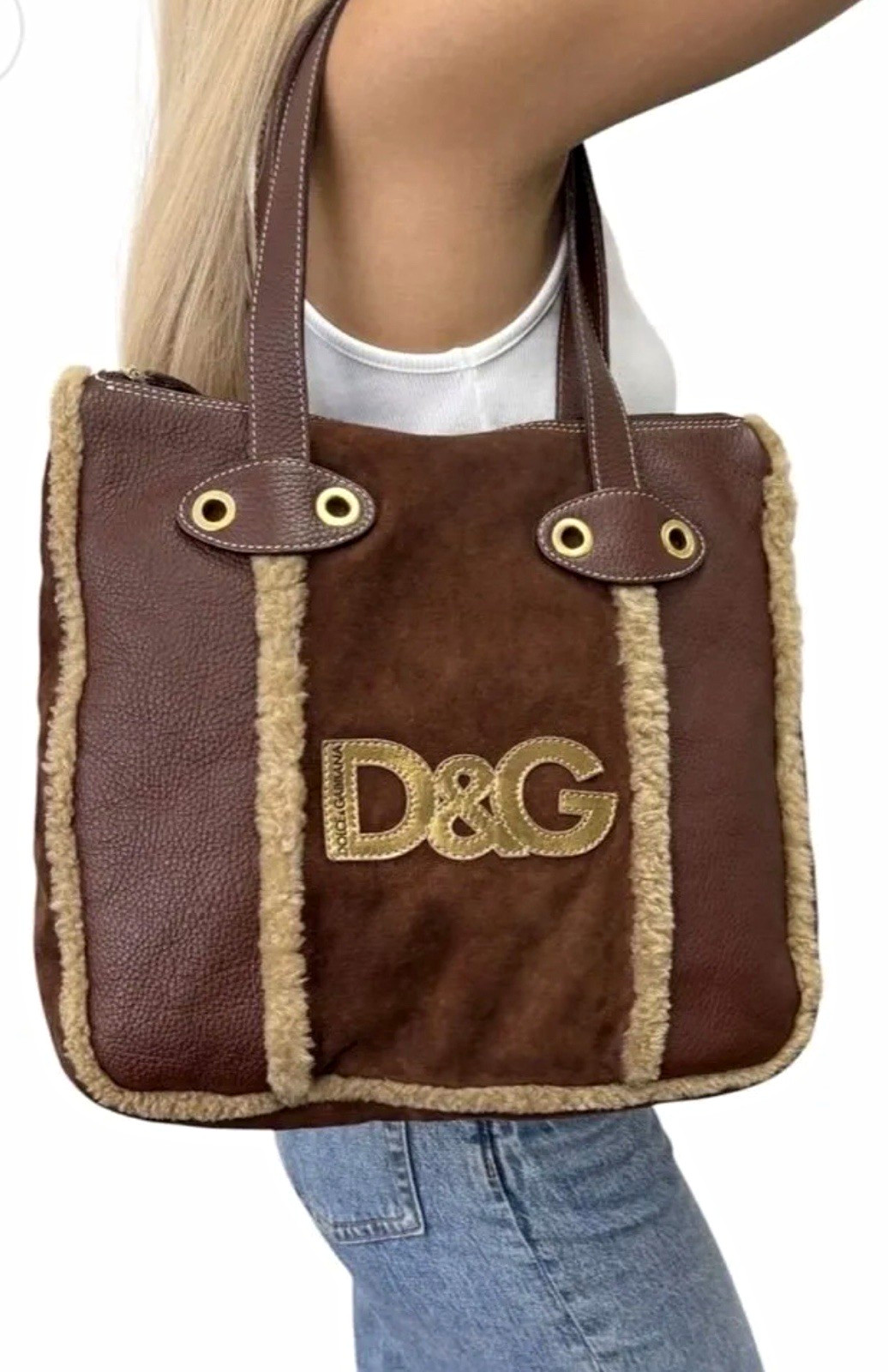 Dolce & Gabbana Brown Shearling Trim Zip Tote Bag Gold Hardware Logo Dolce & Gabbana Brown Shearling Trim Zip Tote Bag Gold Hardware Logo
