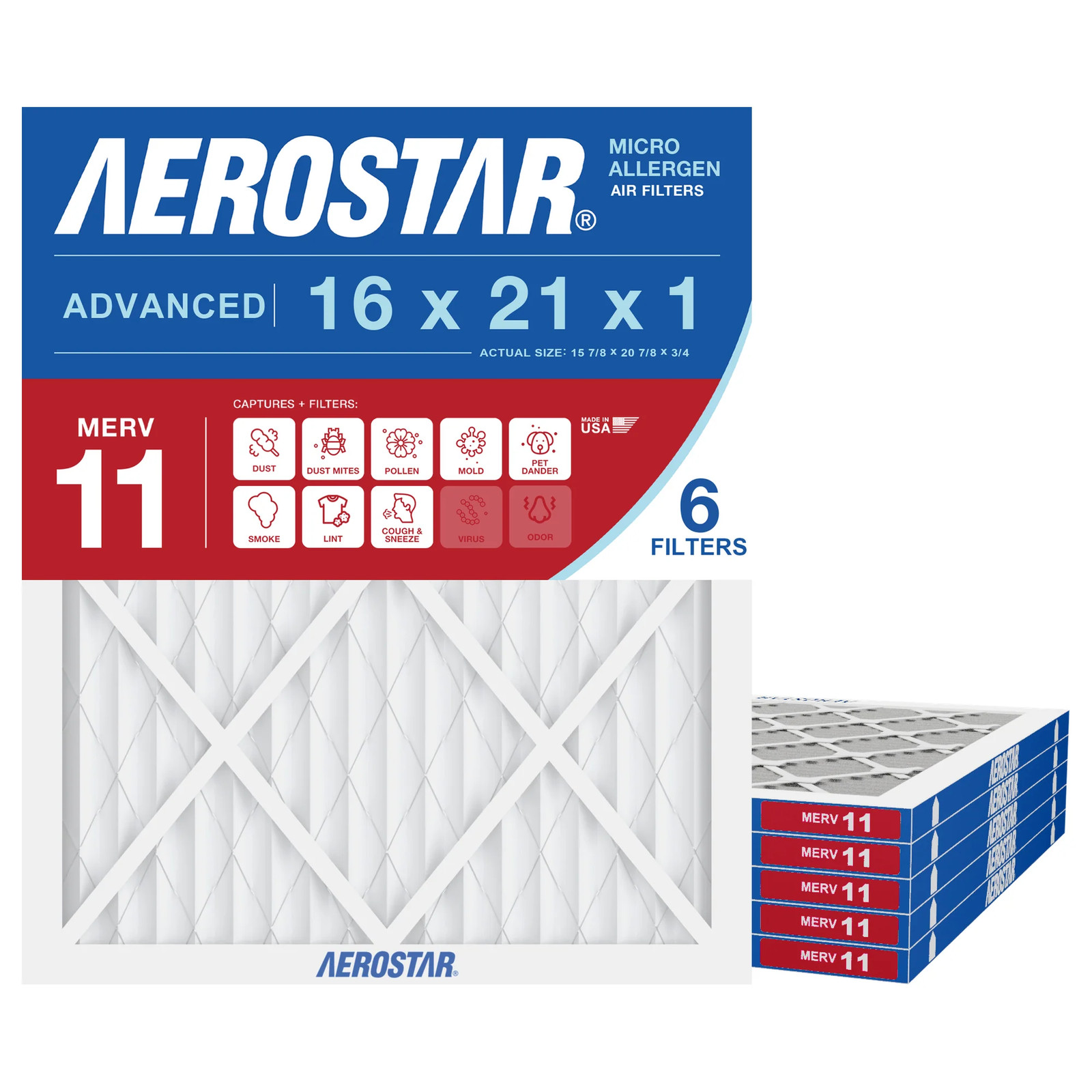 Aerostar 16x21x1 MERV 11 Air Filter, 6 Pack