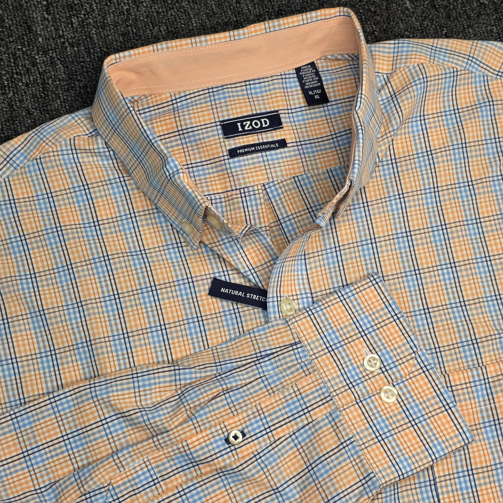 IZOD Premium Essentials Men’s XL Orange Blue Plaid Button Up Shirt NWT