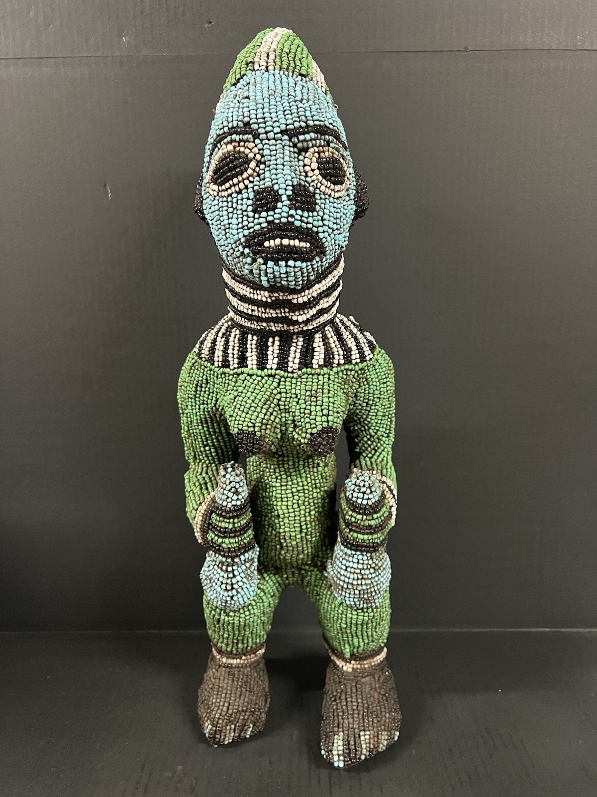 African Tribal Art Carved Wood And Bamileke Beaded Standing Statue Cameroon African Tribal Art Carved Wood And Bamileke Beaded Standing Statue Cameroon