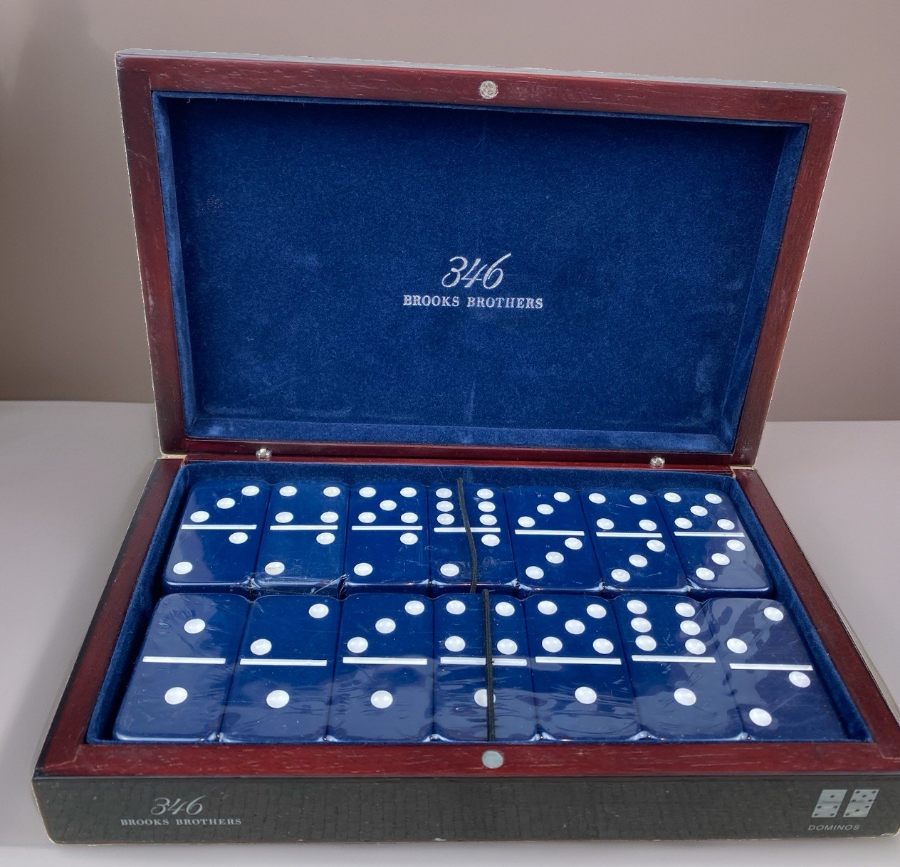 Vintage Brooks Brothers Dominoes Set Blue Velvet Wood Box Executive Gift.  NEW