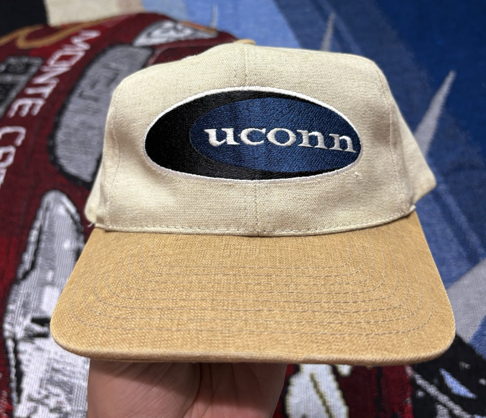 Vintage UConn Huskies Hat American Needle Cap Strapback Beige 2 Tone 90s Vintage UConn Huskies Hat American Needle Cap Strapback Beige 2 Tone 90s
