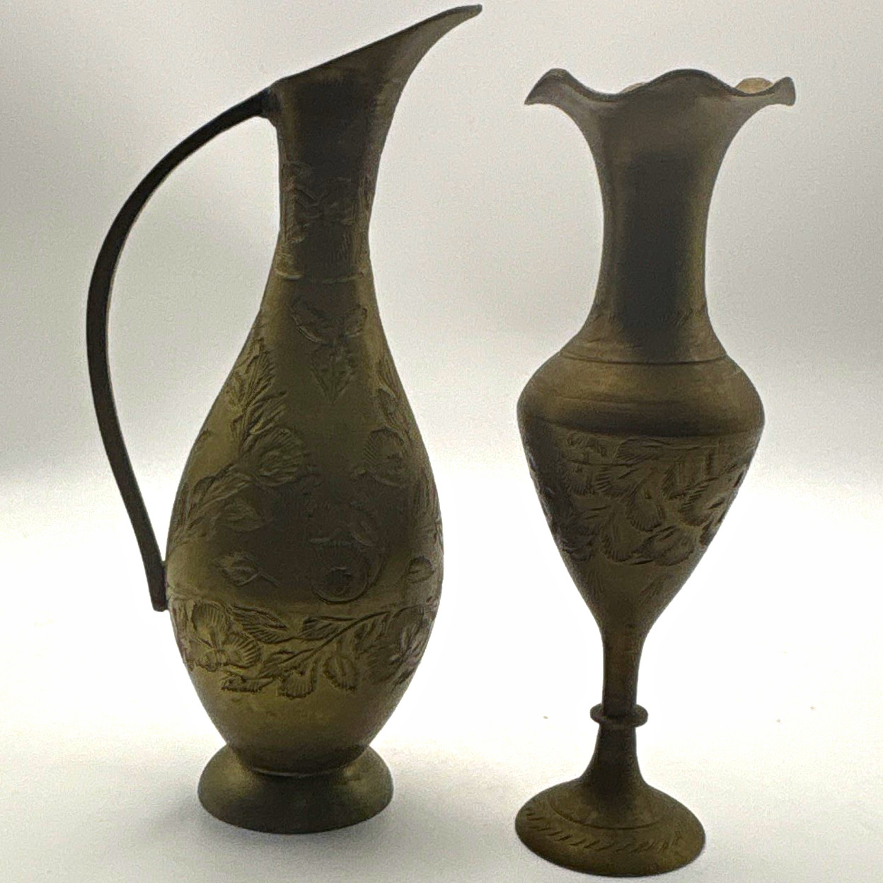 Vintage Engraved Brass Vase & Ewer Pitcher Set Floral India 5.5” 6” Vintage Engraved Brass Vase & Ewer Pitcher Set Floral India 5.5” 6”