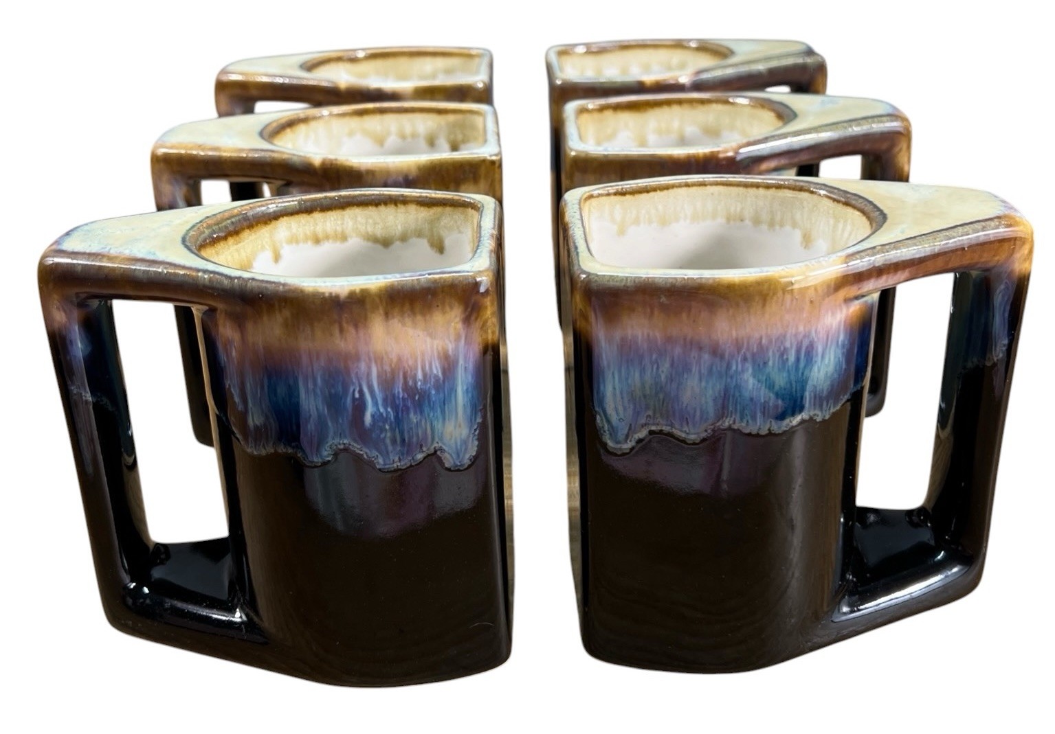 6 VTG Rodolfo Padilla Drip Glaze Stoneware  Coffee Mugs Cups Blue MCM BOHO 