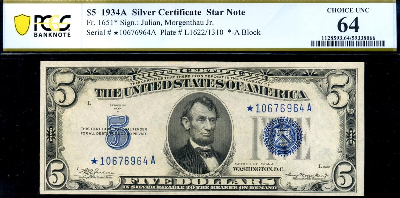 HGR FR.1651* 1934A $5 Silver Certificate ***STAR*** ((Star)) PCGS CHOICE UNC 64