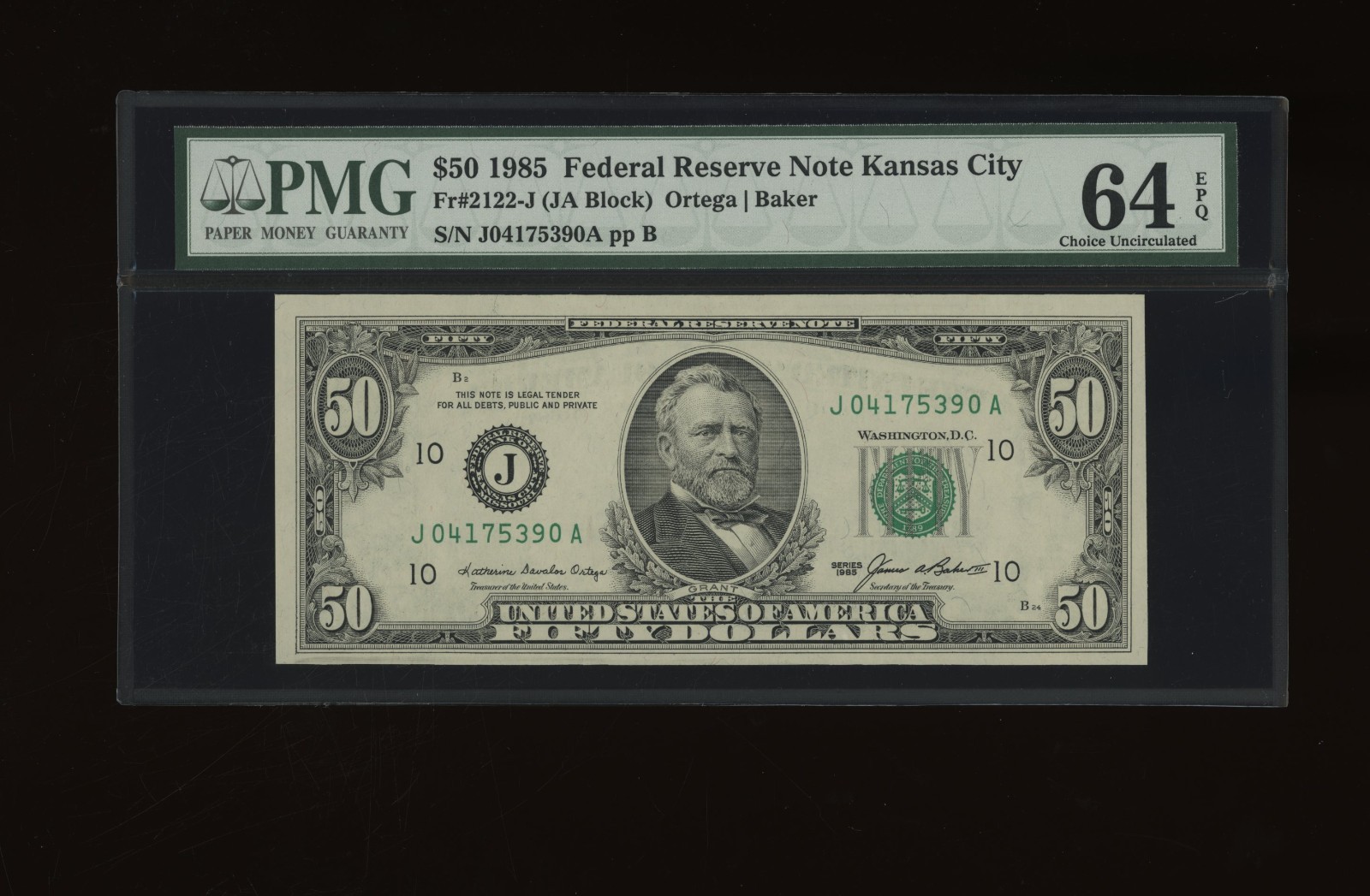 DBR 1985 $50 FRN Kansas City Fr. 2122-J PMG 64 EPQ Serial J04175390A