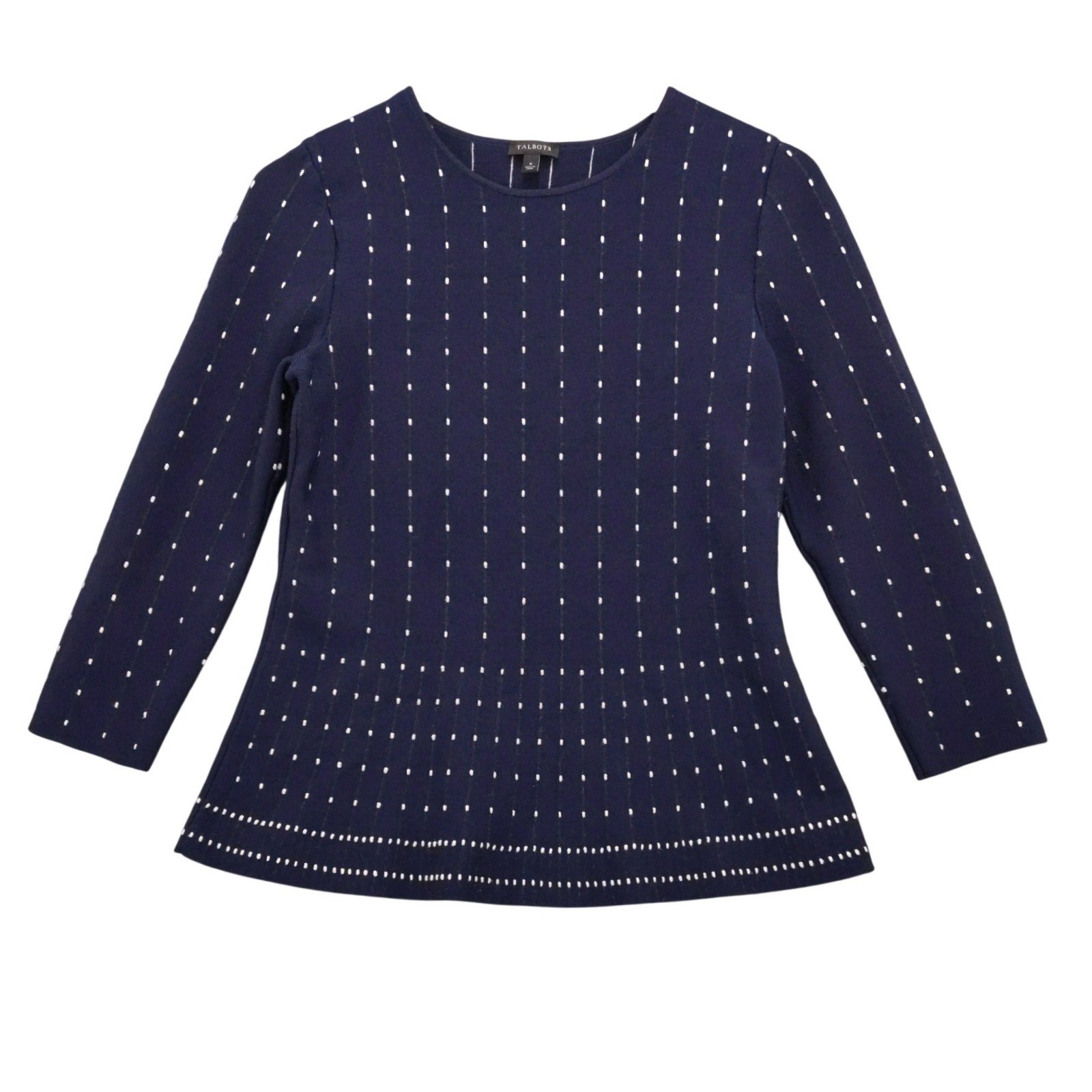 Talbots Navy Blue White Dot Knit Peplum Sweater Top Women\'s Size S