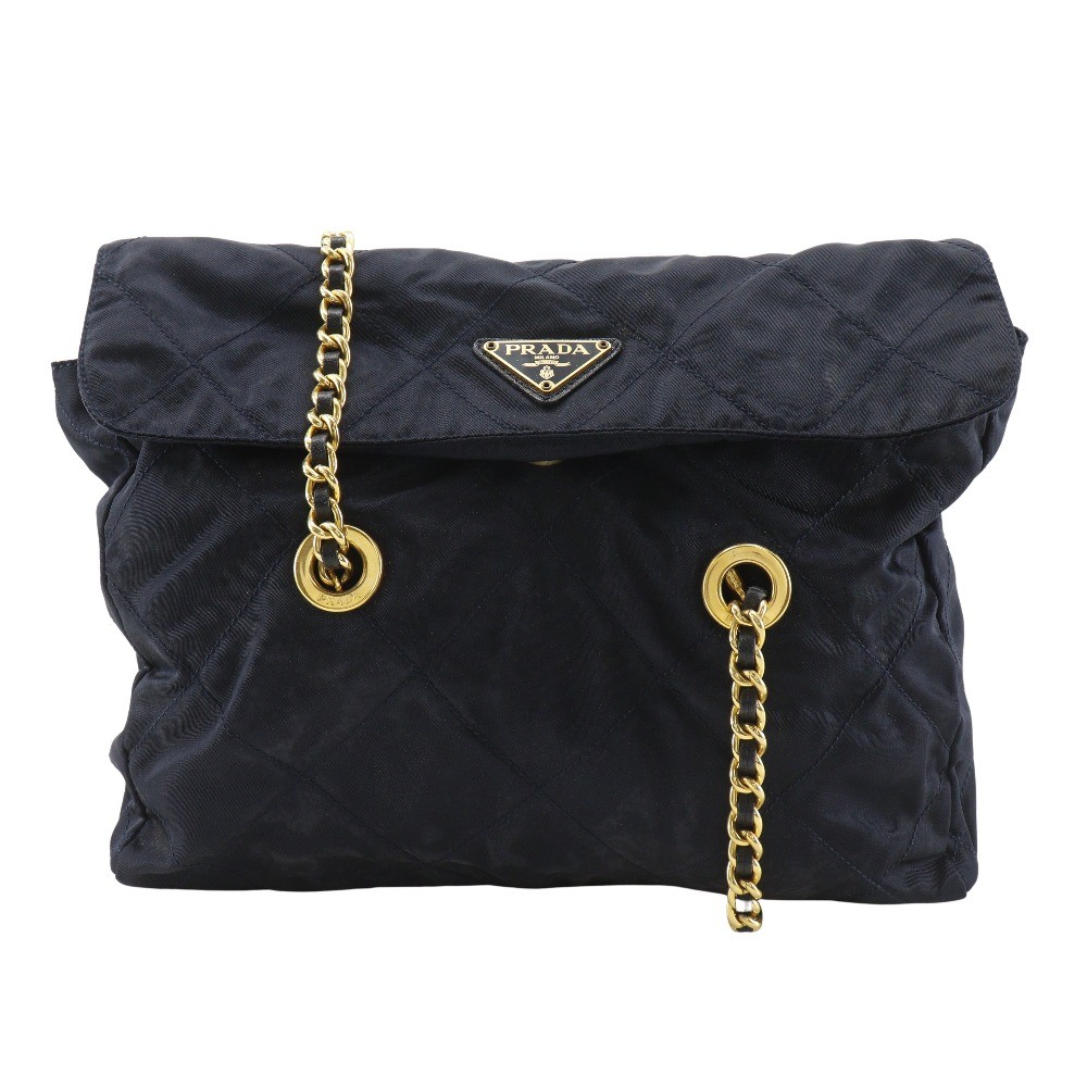 PRADA ChainShoulder Shoulder Bag quilting Navy blue Nylon Women
