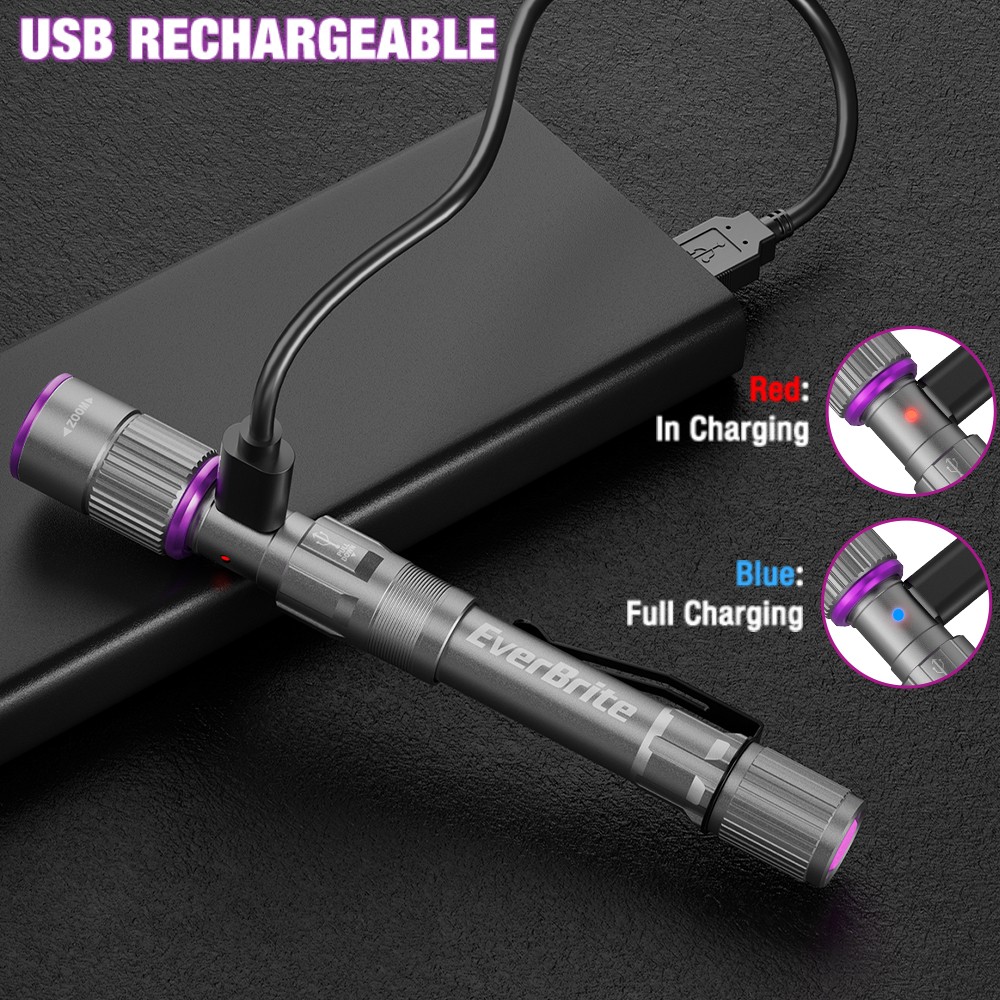 EverBrite Rechargeable LED Pen Flashlight UV White Light 395nm Black Flashlights
