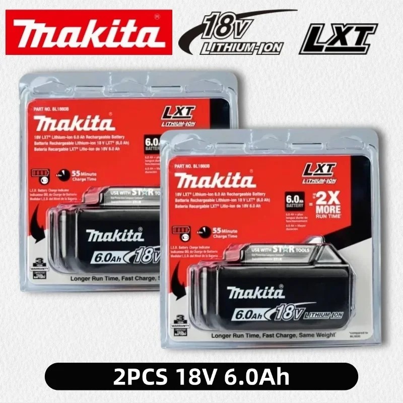 Makita BL1860B-2 18V 6.0Ah Integrated LED LXT Lithium-Ion Battery - 2 Pack