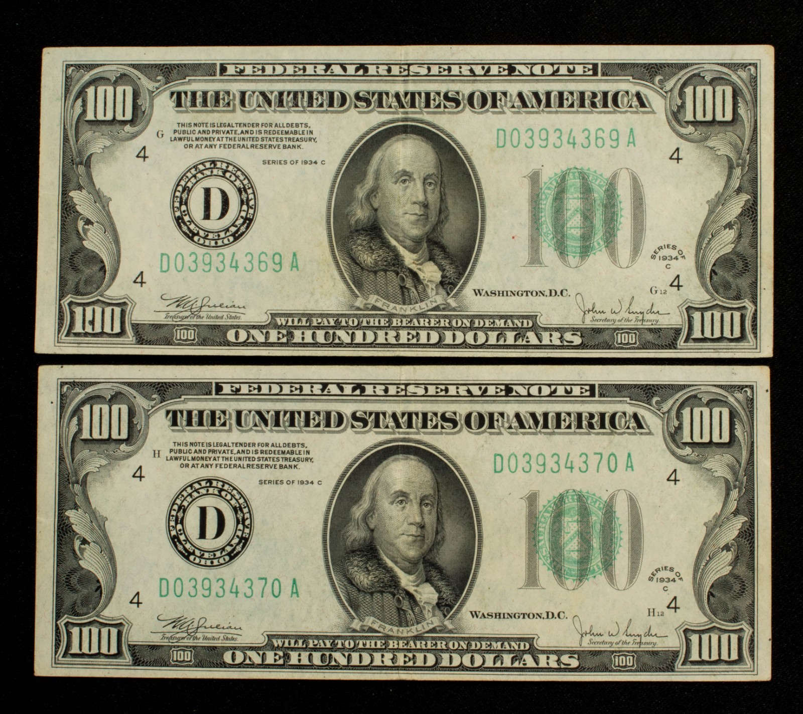 2 Consecutive 1934C $100 FRN Federal Reserve Notes - FR2155D - SKU-CA2452