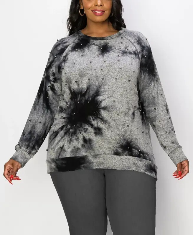 COIN 1804 Plus Size Long Sleeve Pullover Top with Gunmetal Studs 2X Gray Black