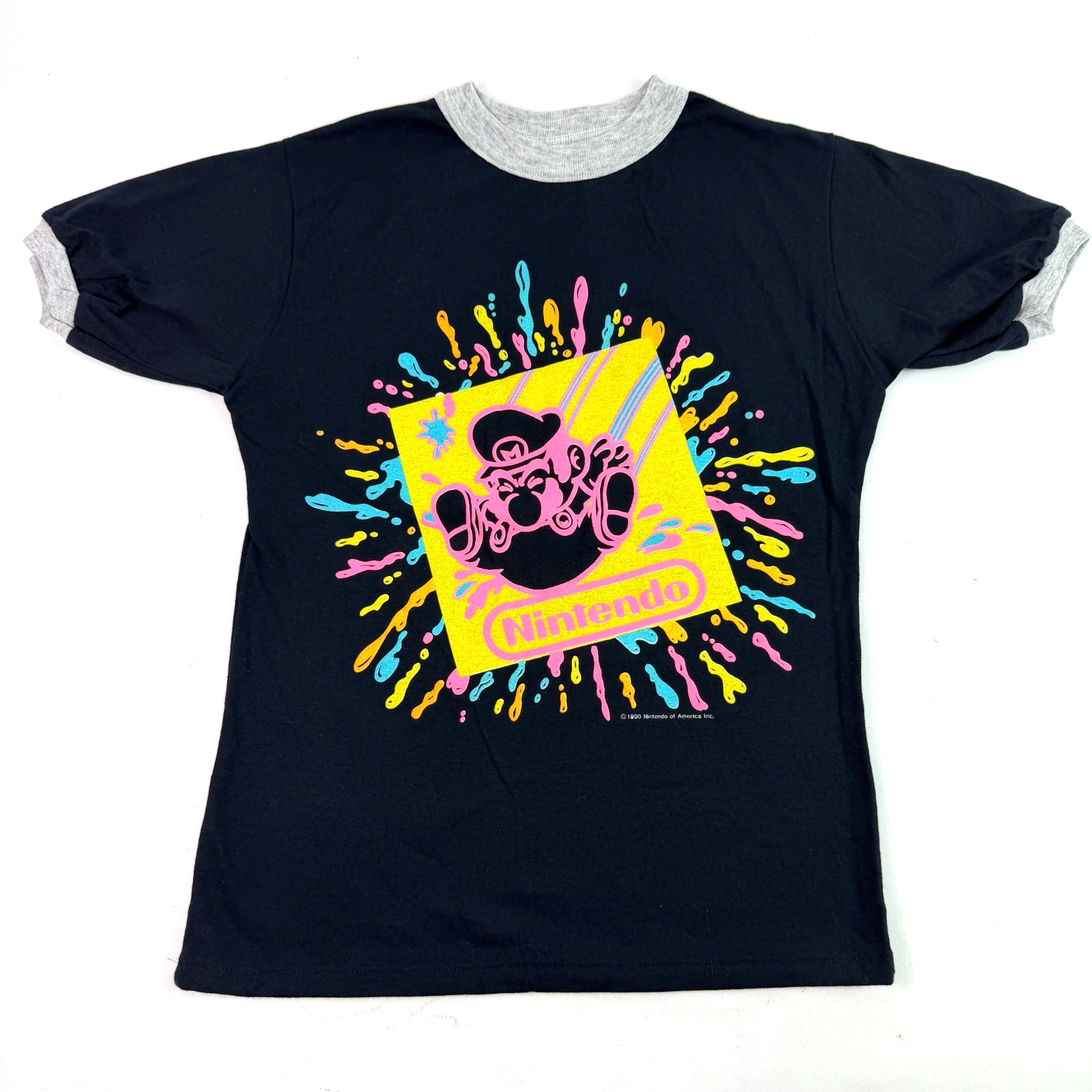 Vintage 1990 Nintendo Mario Youth 14 16 Shirt Womens XS Crop Ringer Black Neon Vintage 1990 Nintendo Mario Youth 14 16 Shirt Womens XS Crop Ringer Black Neon