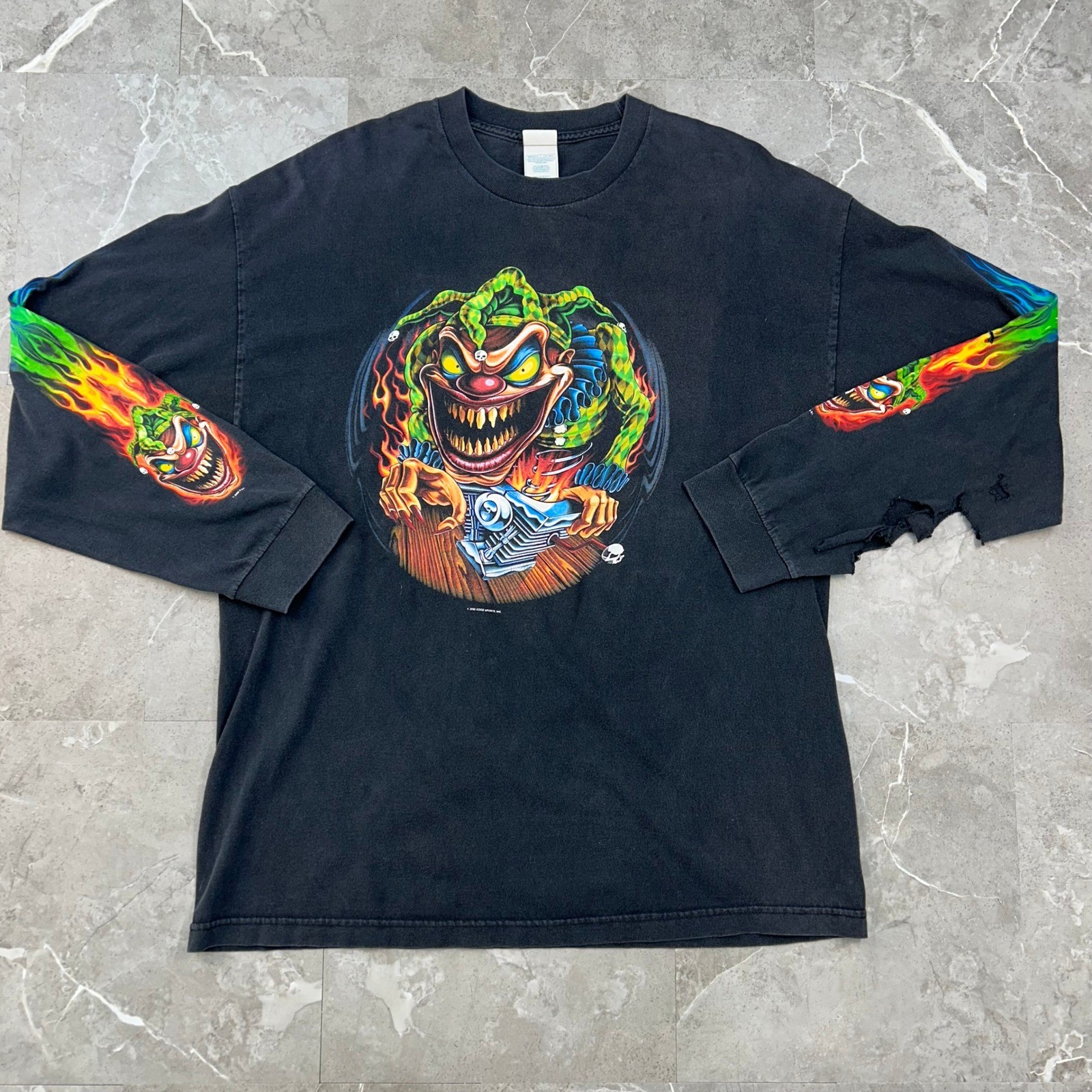 Vintage Insane Clown Graphic Tee Mens XL Flames Jester Joker Sleeve Hit Distress Vintage Insane Clown Graphic Tee Mens XL Flames Jester Joker Sleeve Hit Distress