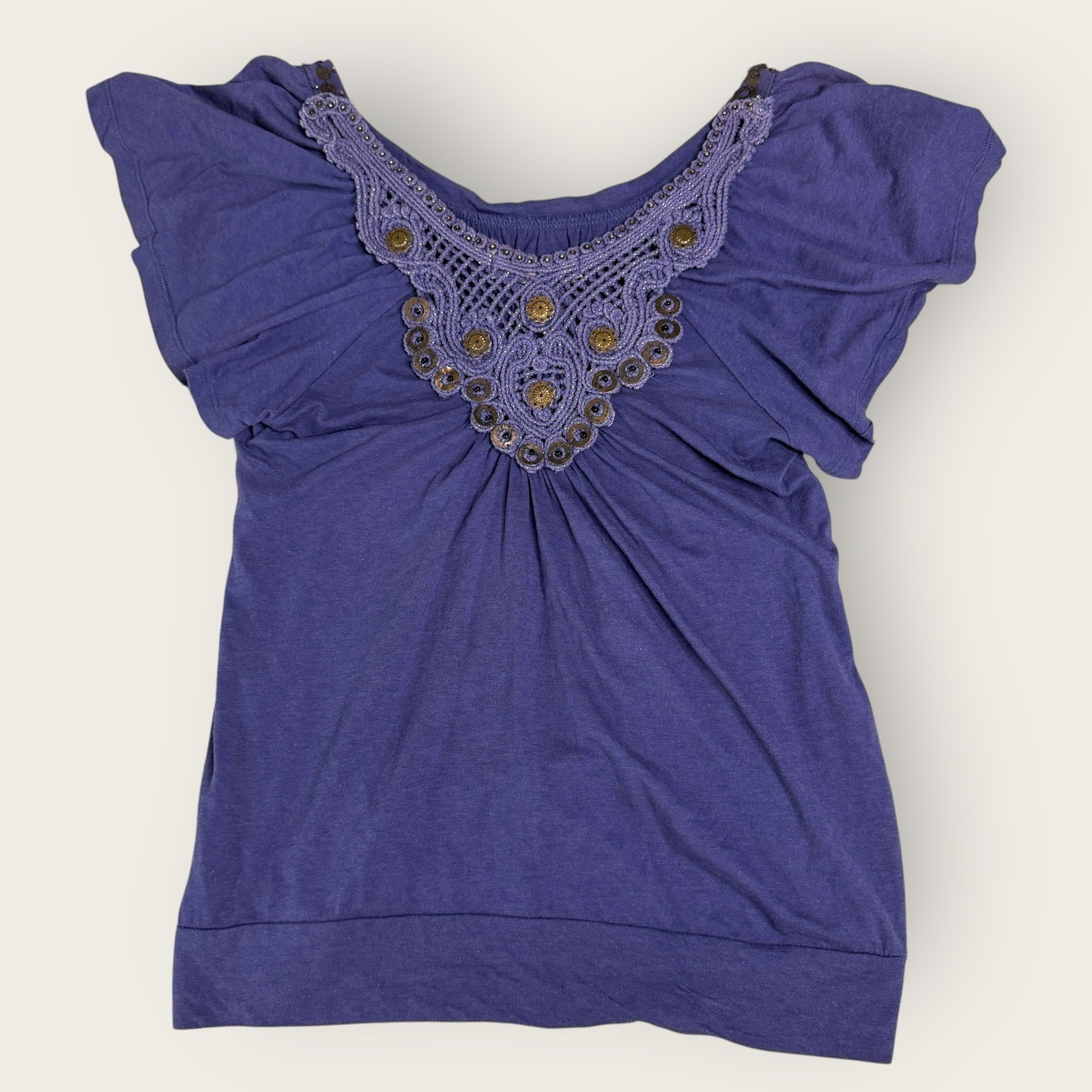 Womens American Rag Top Boho Crochet Embellished Flutter Sleeve Purple S