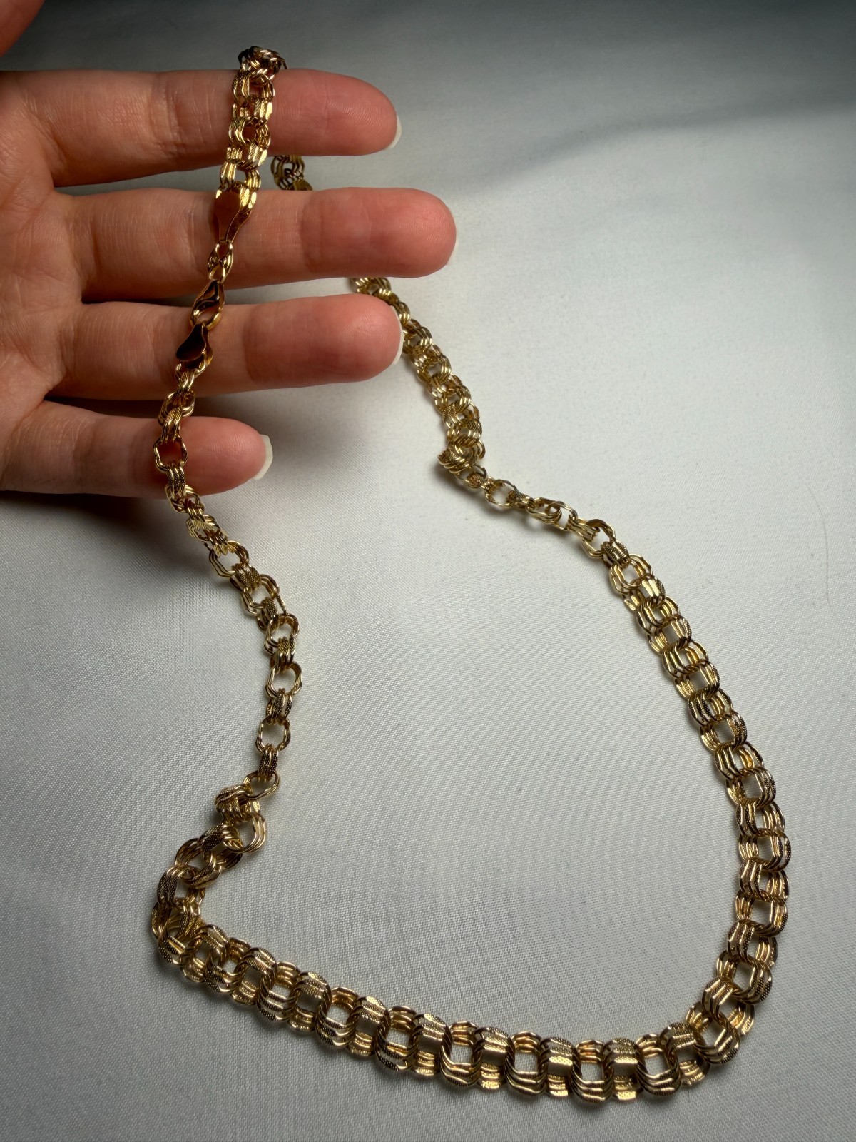 Vintage 14K Yellow Gold EG Peru Fancy Link Chain Necklace, 20 Inch, 9 Grams