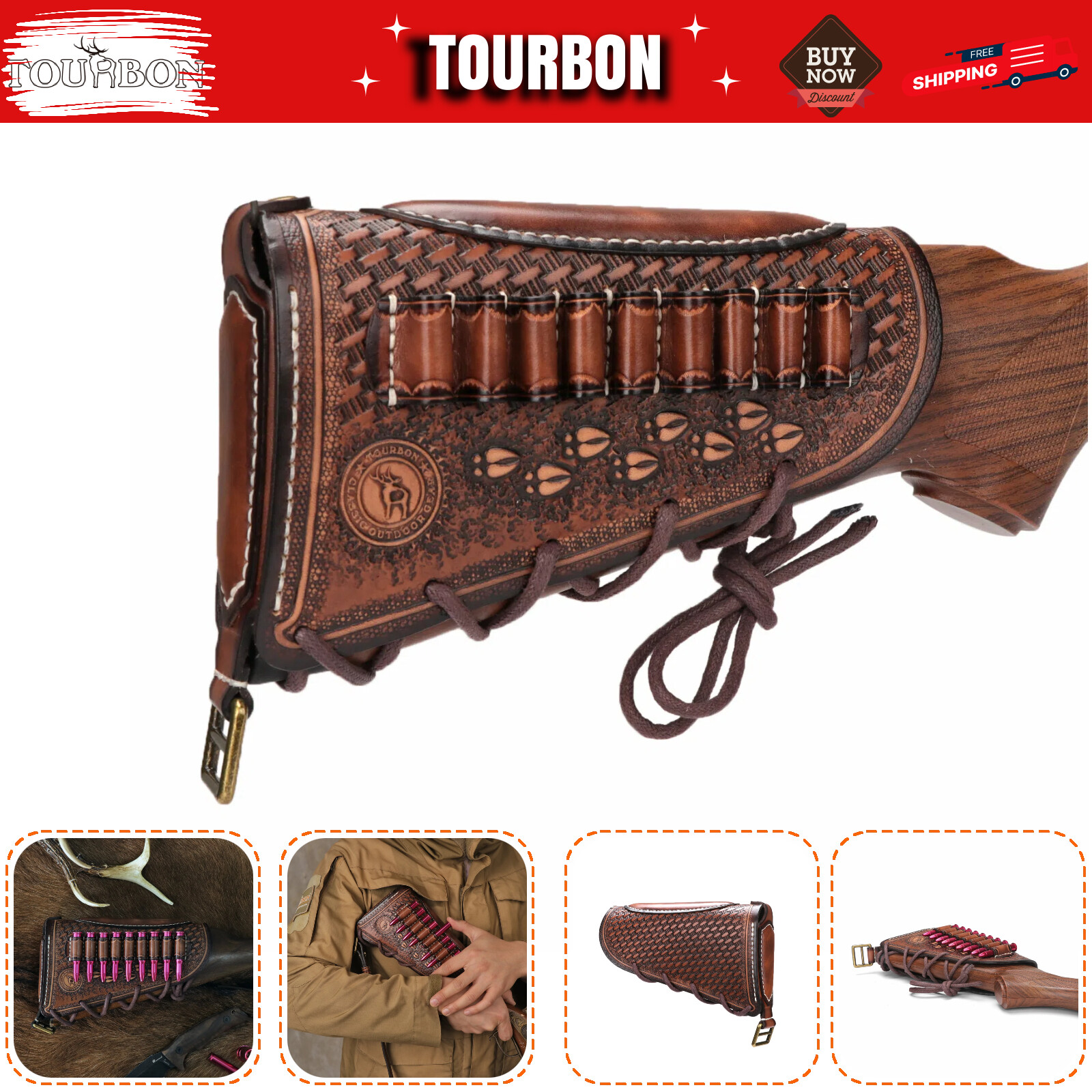 TOURBON Retro Leather Recoil Pad 30-06 45-70 Rifle Ammo Holder Cover LOP Extend TOURBON Retro Leather Recoil Pad 30-06 45-70 Rifle Ammo Holder Cover LOP Extend