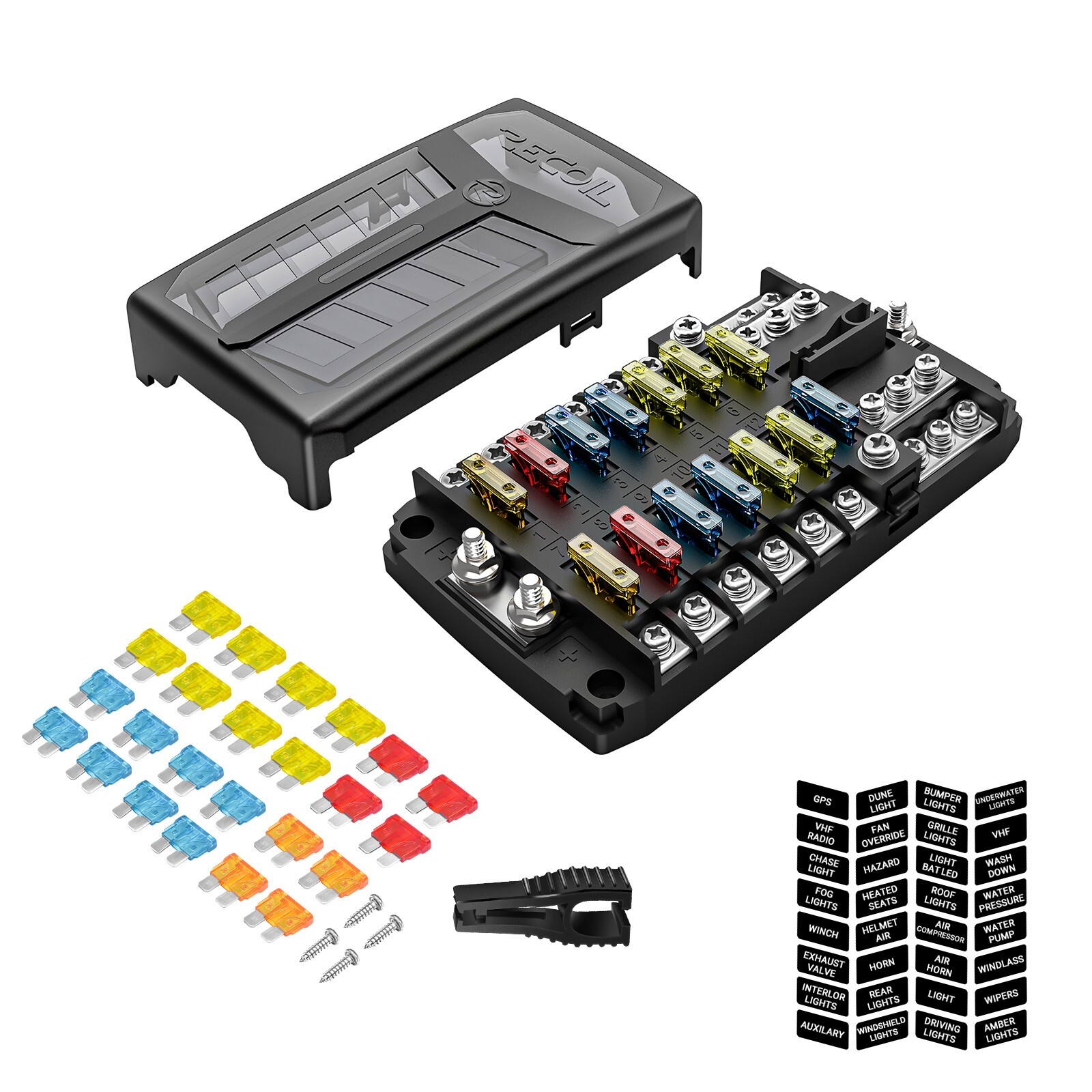 Recoil AFG12 Fuse Box 12-Way ATC/ATO Fuse Block with Negative Busbar