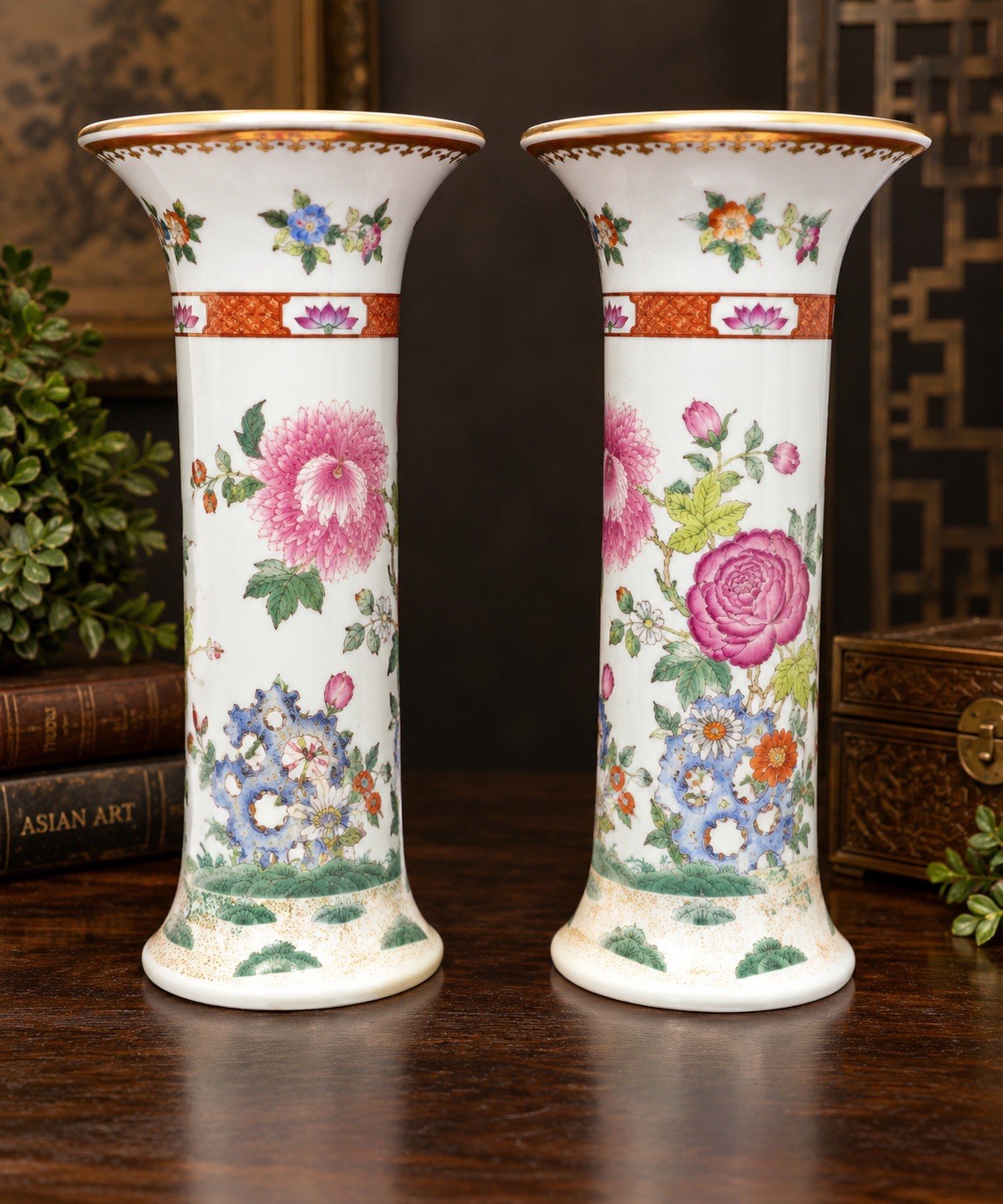 Pair Chinese Famille Rose Porcelain Beaker Vases 12” Qianlong Seal Marks Pair Chinese Famille Rose Porcelain Beaker Vases 12” Qianlong Seal Marks