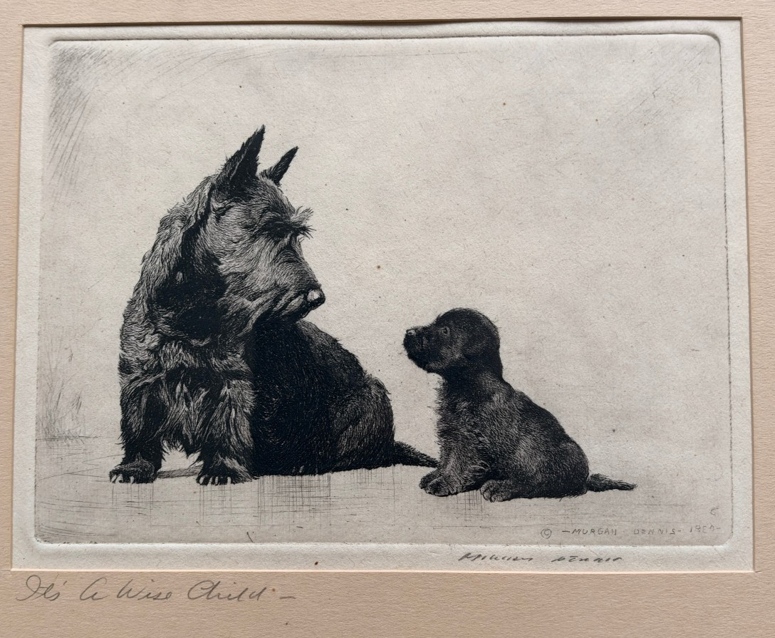 Morgan Dennis It\'s a Wise Child 1930 Etching Signed Scottie and Puppy Framed