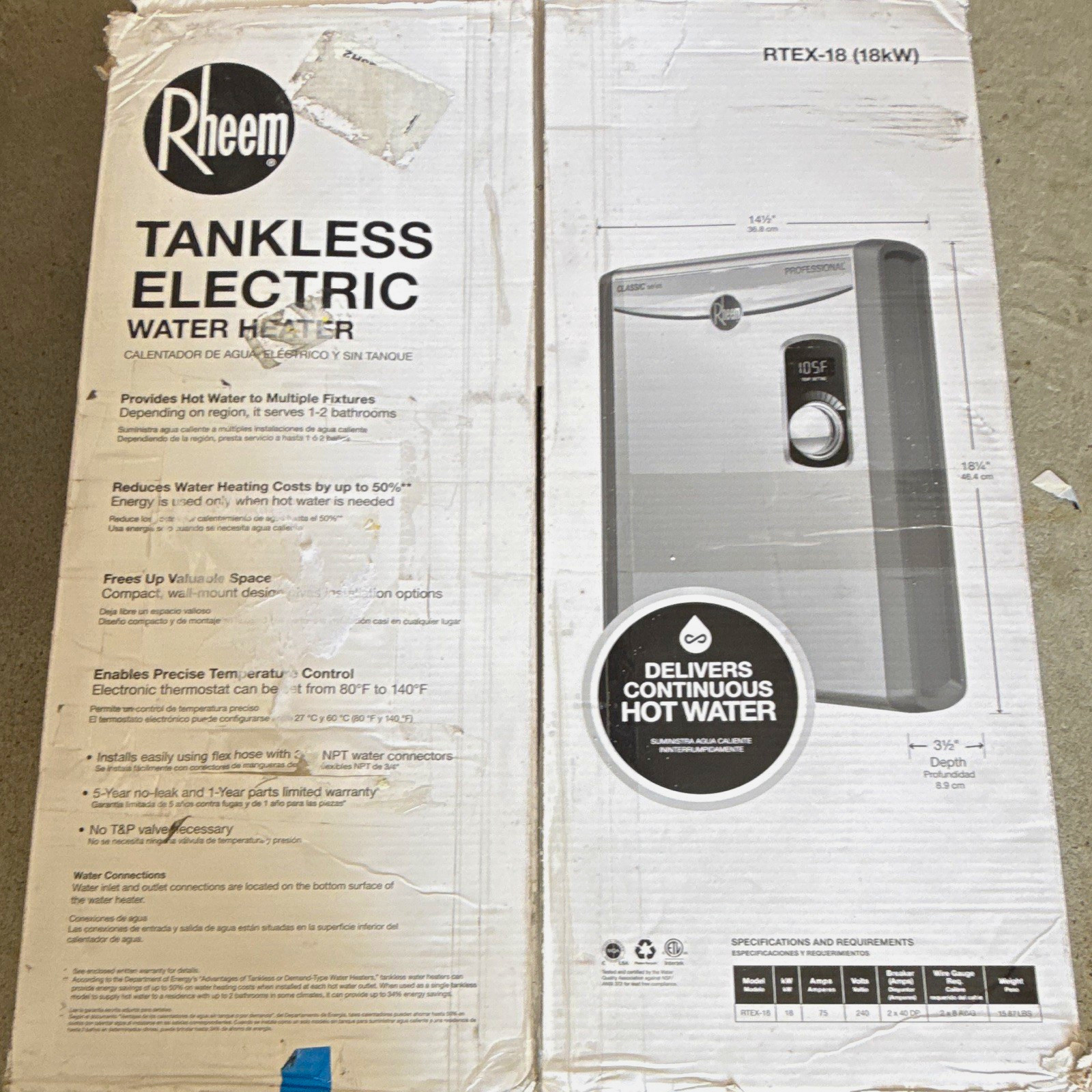Rheem RTEX-18 18kW 240V 75A Tankless Electric Water Heater Digital Gray Rheem RTEX-18 18kW 240V 75A Tankless Electric Water Heater Digital Gray
