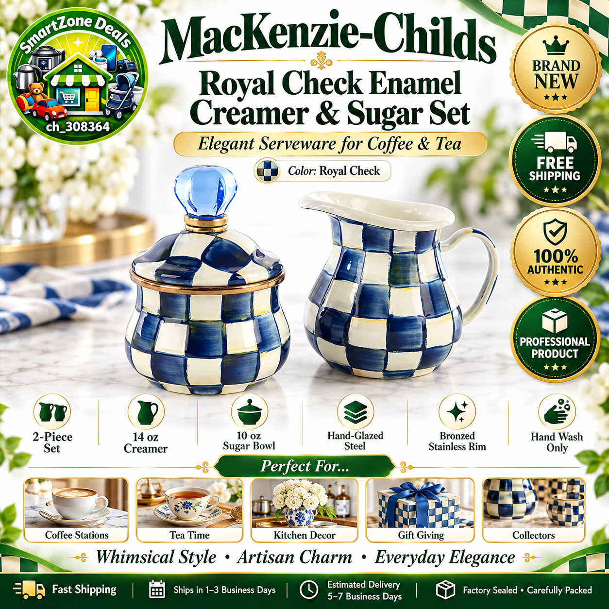 New MacKenzie-Childs Royal Check Enamel Creamer & Sugar Set 2-Piece