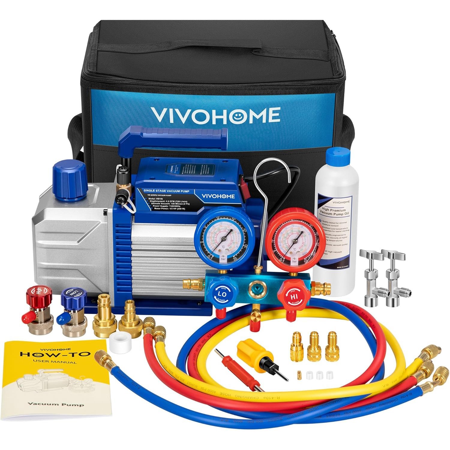4.5 CFM 1/3 HP HVAC Vacuum Pump & 3-Way Manifold Gauge Set for R1234yf R134a R32 4.5 CFM 1/3 HP HVAC Vacuum Pump & 3-Way Manifold Gauge Set for R1234yf R134a R32