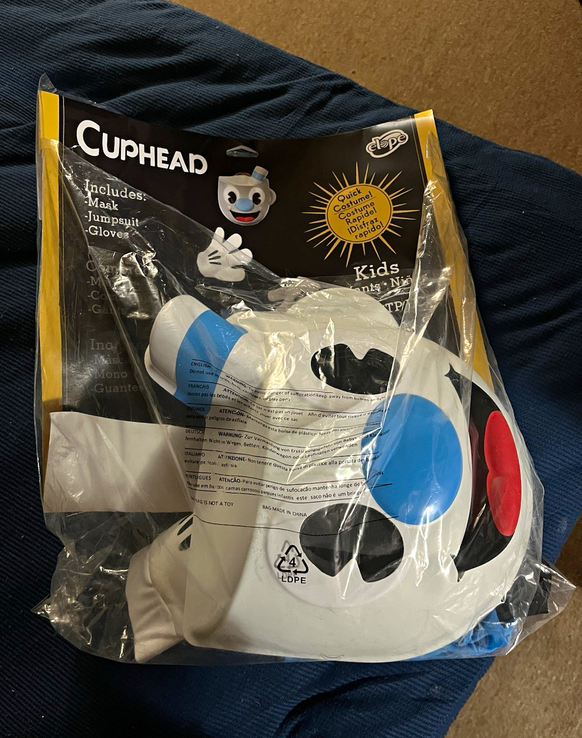 Kids Halloween Elope Cuphead Mugman Costume w/ Mask, Jumpsuit, & Gloves Size S