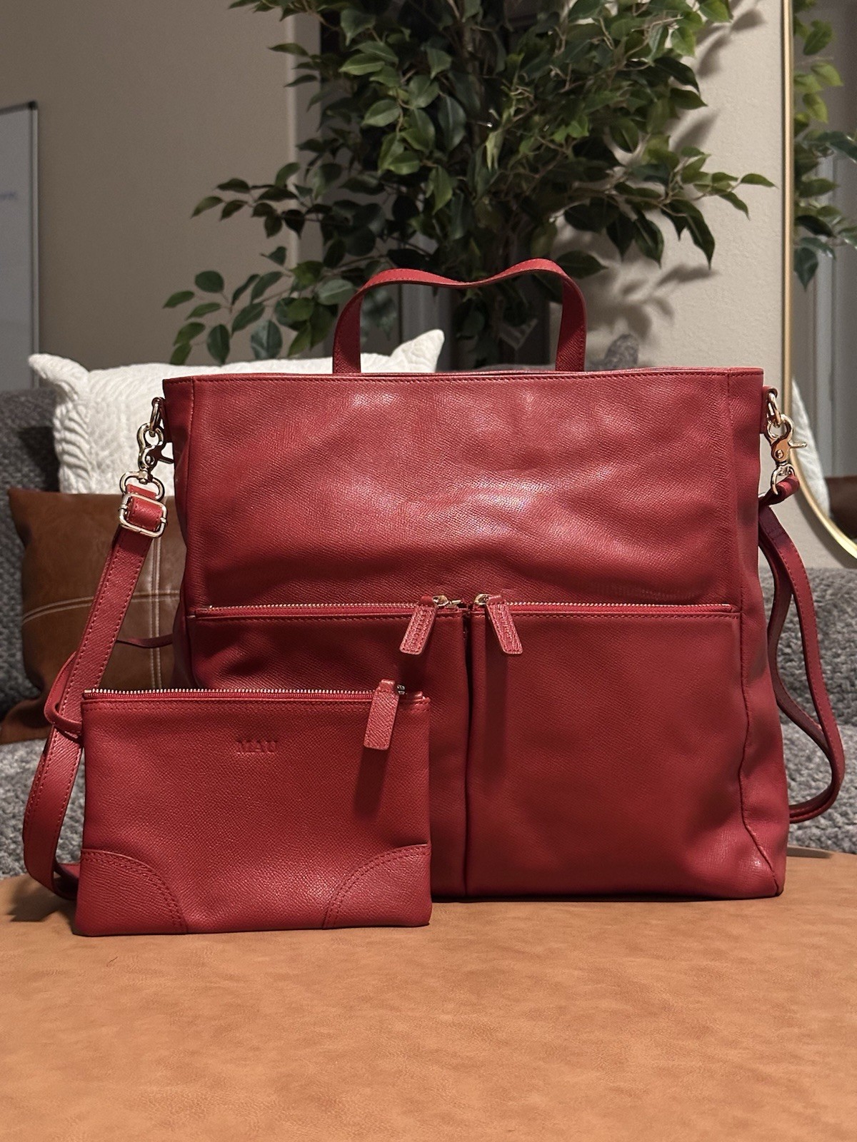 Levenger Red Leather Convertible Backpack Top Handle Bag + Matching Pouch Levenger Red Leather Convertible Backpack Top Handle Bag + Matching Pouch