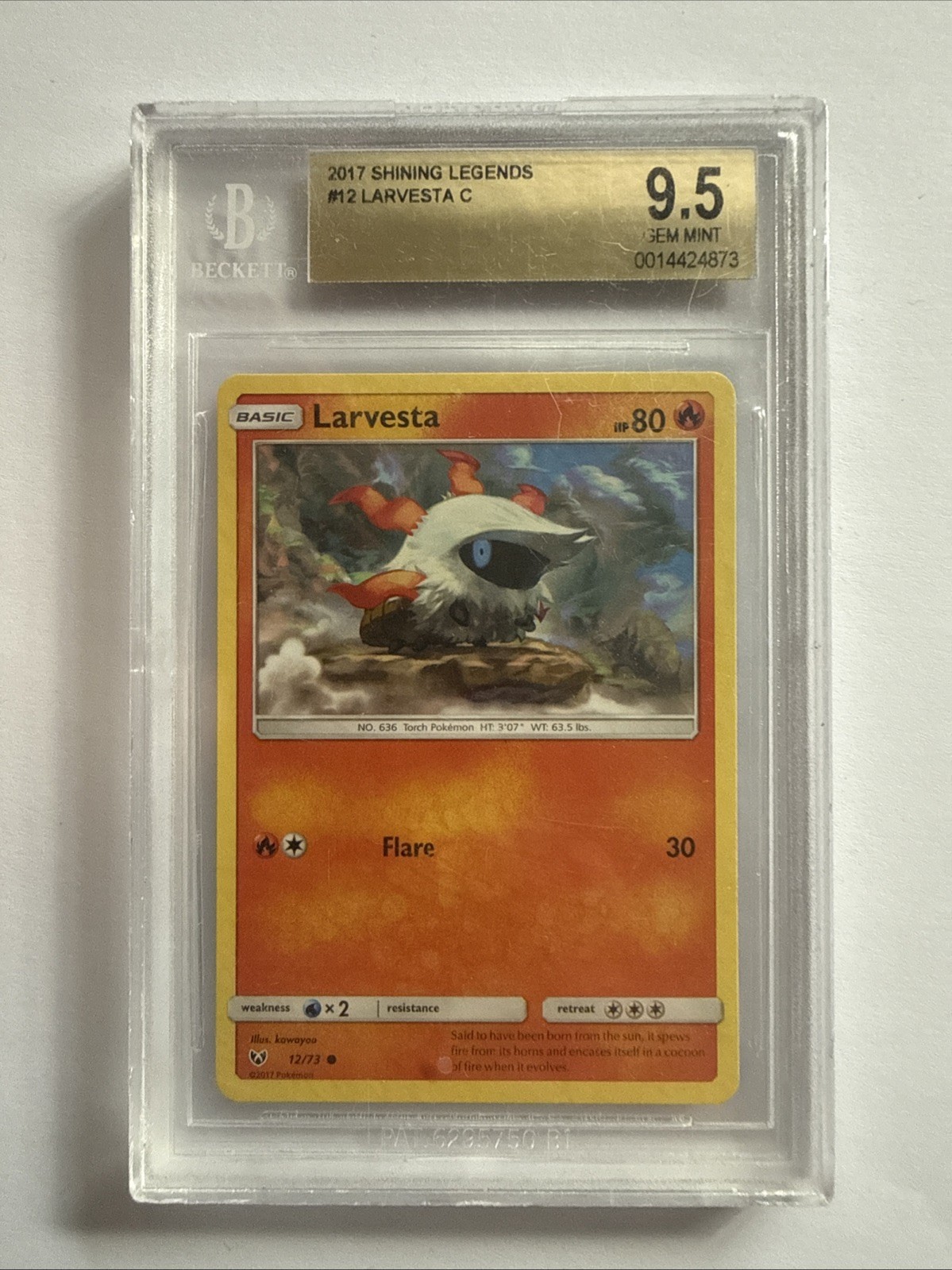 Larvesta 12/73 Regular 2017  Pokemon Trading Card TCG  Beckett 9.5 gem mint