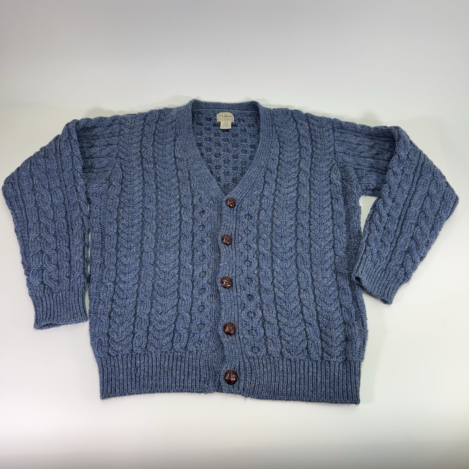 VTG LL Bean Aran Ireland Cardigan Sweater Mens Blue Fisherman Wool Cable Knit M VTG LL Bean Aran Ireland Cardigan Sweater Mens Blue Fisherman Wool Cable Knit M