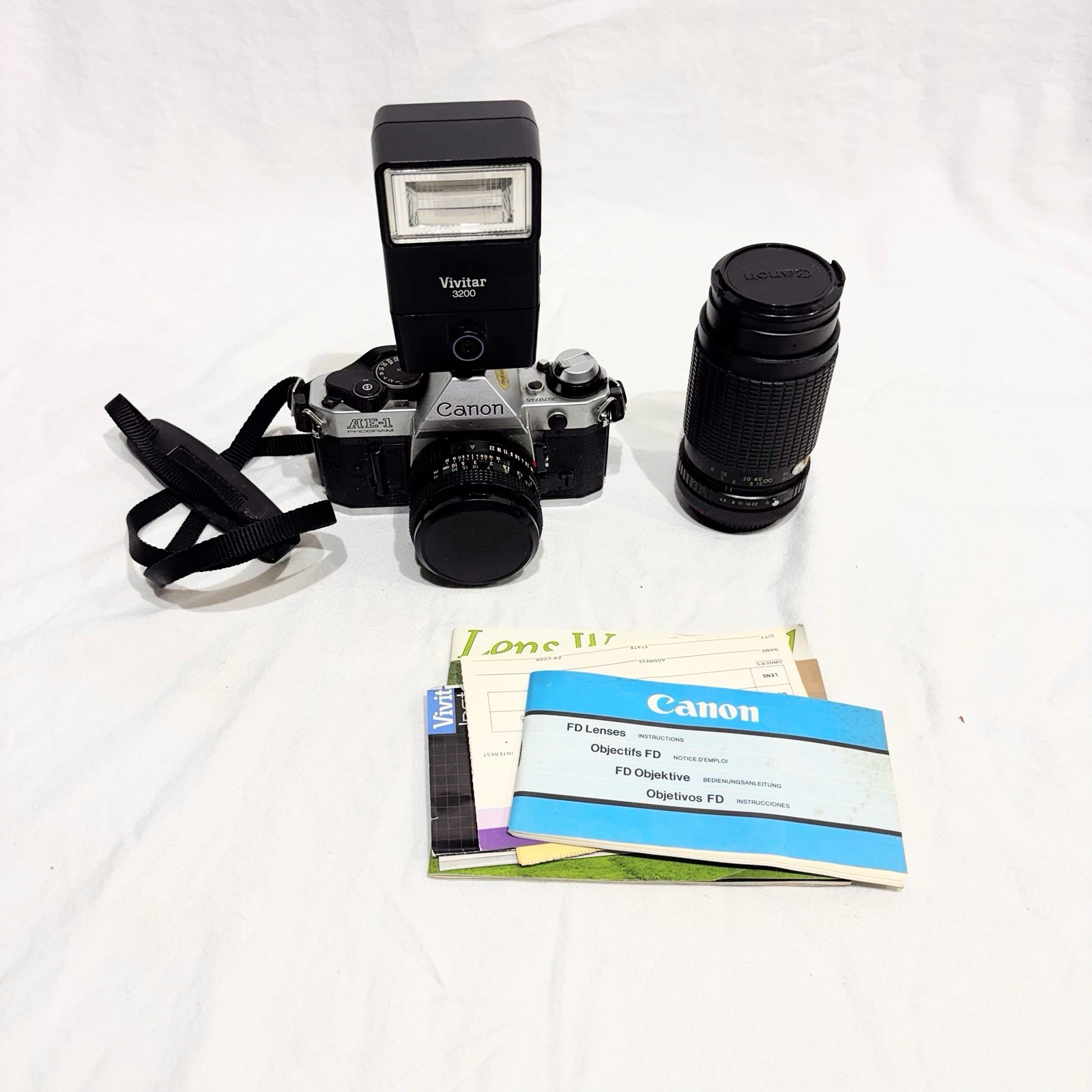 Vintage Canon AE-1 Program 35mm Camera Kit FD 50mm Lens Flash Untested