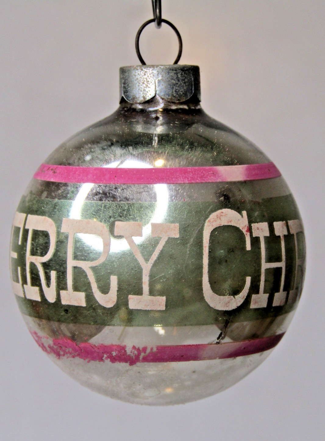 VTG pre WWII Glass MERRY Creetings Pictured BALL Christmas Ornament Franke Shiny